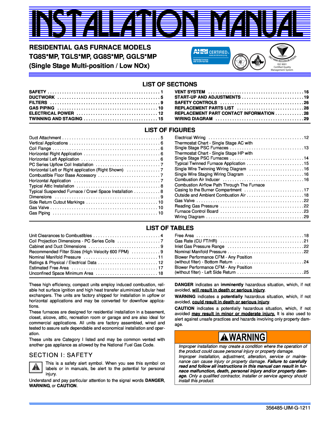 Johnson Controls TG8S*MP, TGLS*MP installation manual List Of Sections, List Of Figures, List Of Tables, Section I Safety 