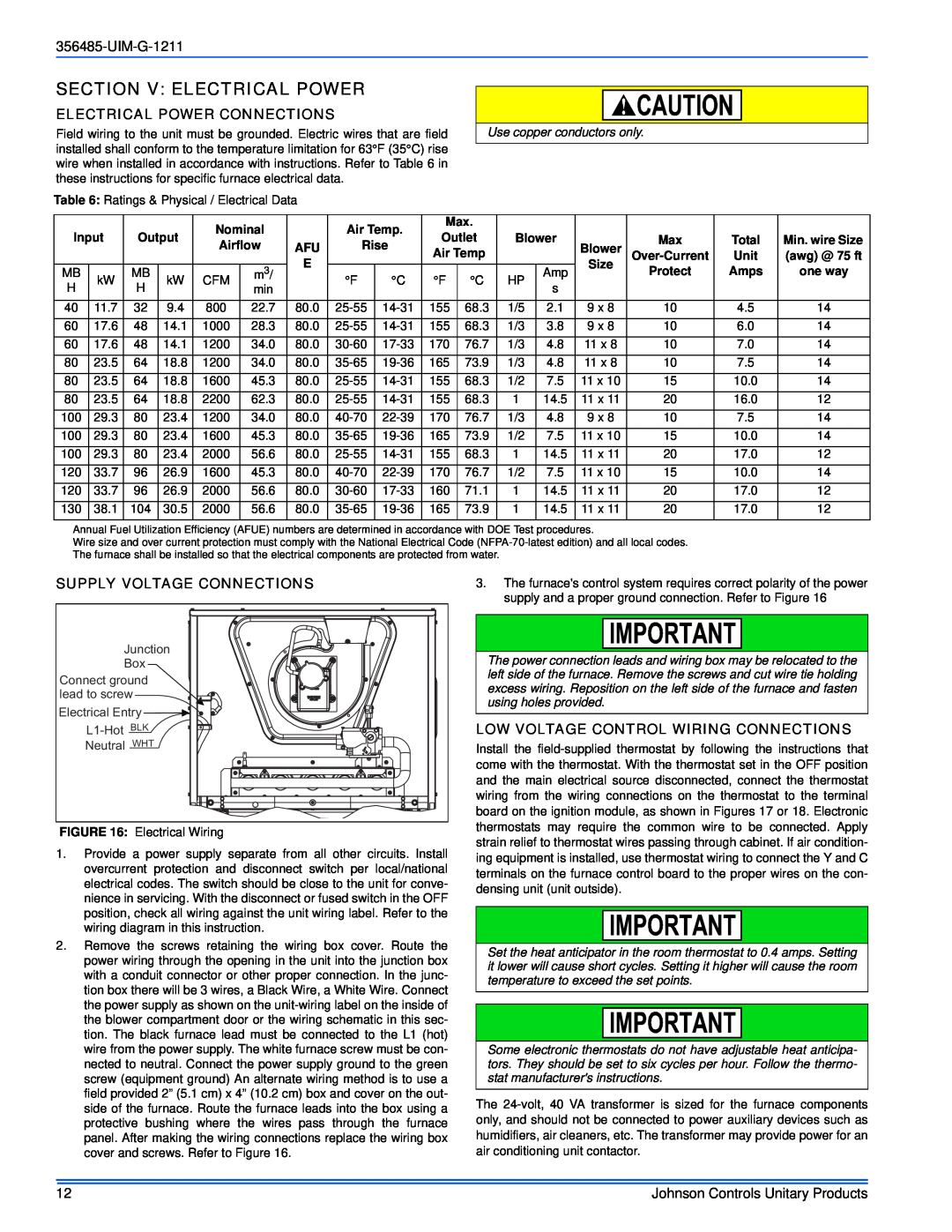 Johnson Controls TGLS*MP Section V Electrical Power, Electrical Power Connections, Supply Voltage Connections, UIM-G-1211 