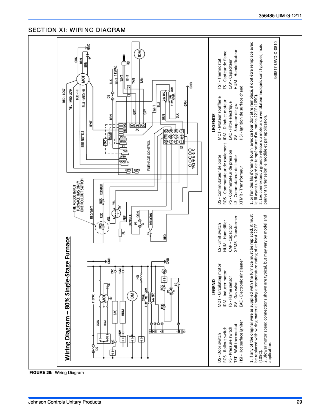 Johnson Controls TG8S*MP Section Xi Wiring Diagram, Wiring –, Legende, Johnson Controls Unitary Products, UIM-G-1211 