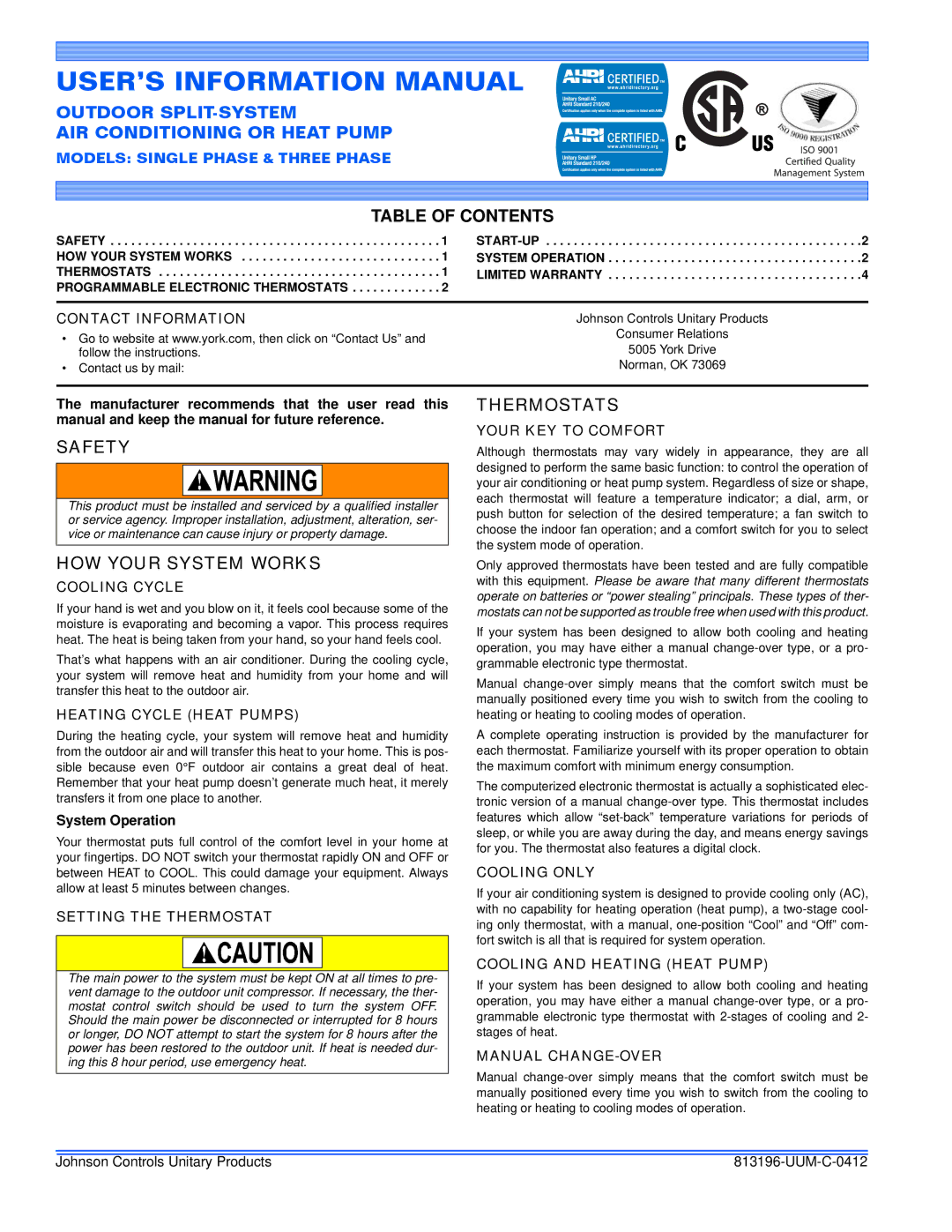 Johnson Controls SINGLE PHASE, THREE PHASE warranty Table of Contents, Safety, HOW Your System Works, Thermostats 