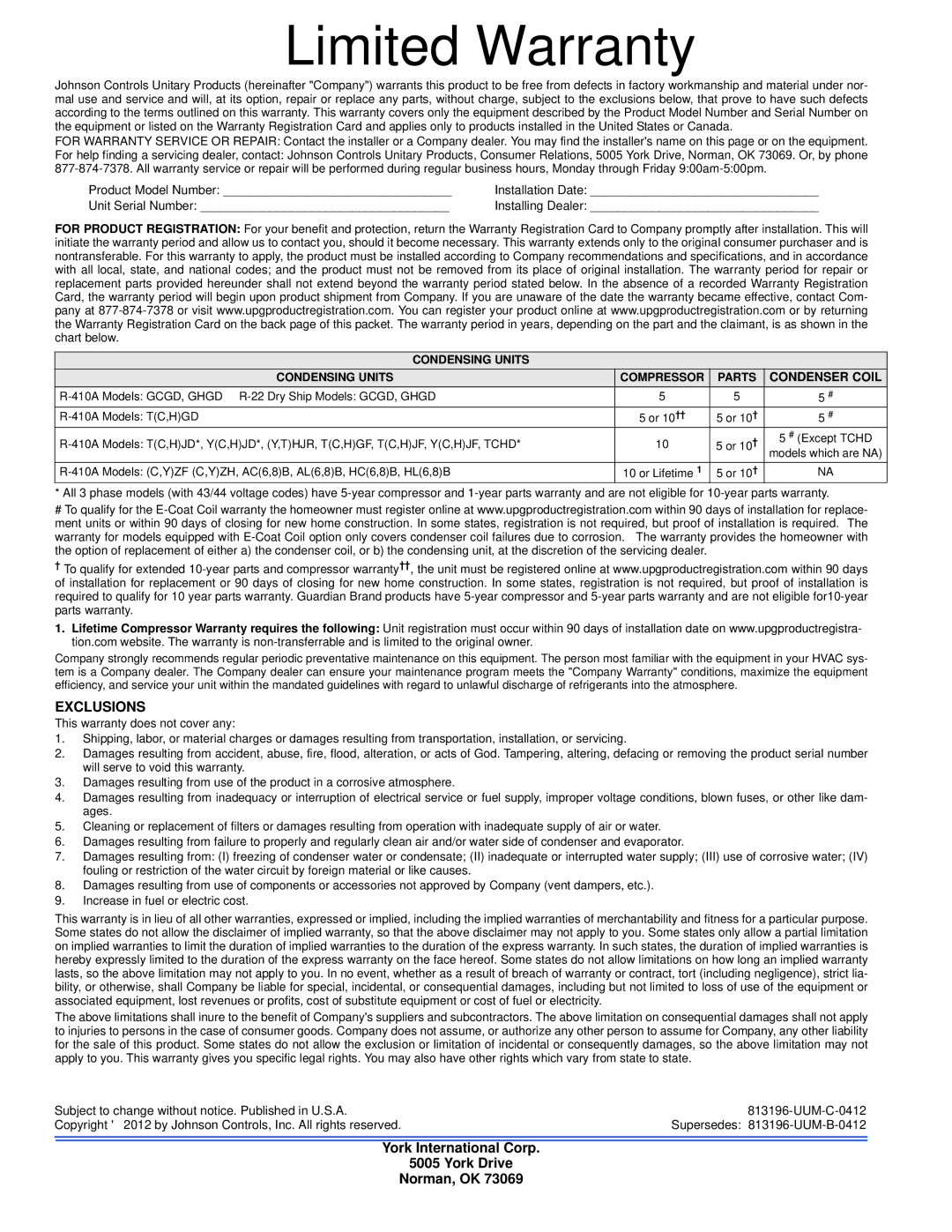 Johnson Controls THREE PHASE, SINGLE PHASE warranty Limited Warranty, Exclusions 