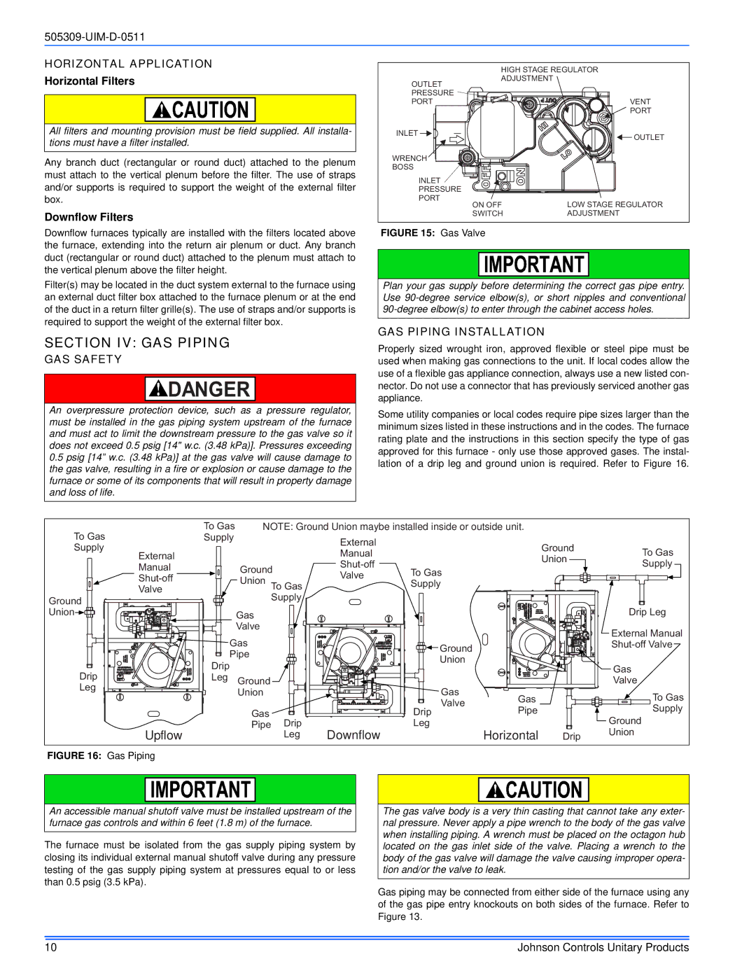 Johnson Controls TM9T*MP Section IV GAS Piping, Horizontal Filters, Downflow Filters, GAS Safety, GAS Piping Installation 