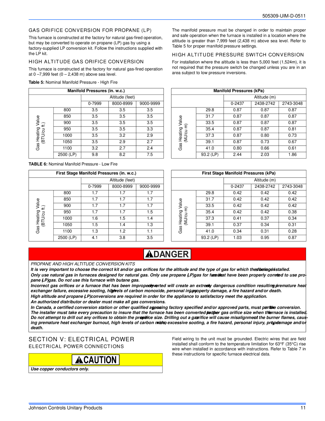 Johnson Controls TM9T*MP Section V Electrical Power, GAS Orifice Conversion for Propane LP, Electrical Power Connections 