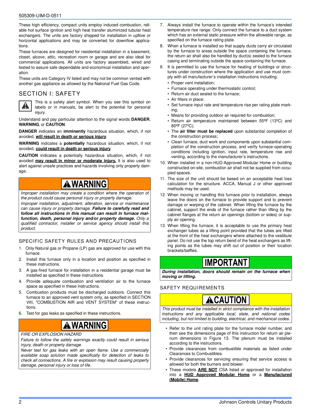 Johnson Controls TM9T*MP installation manual Section I Safety, Specific Safety Rules and Precautions, Safety Requirements 