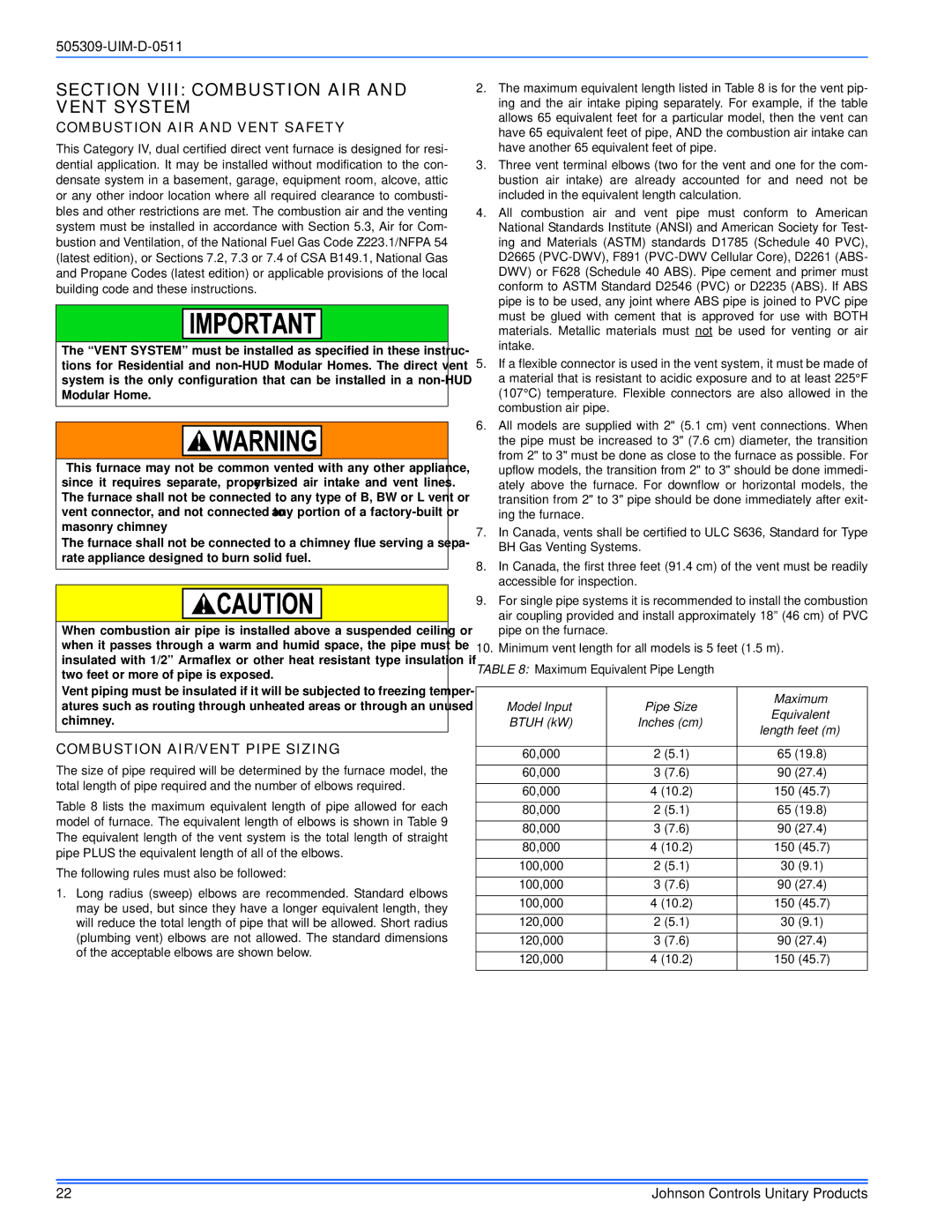 Johnson Controls TM9T*MP installation manual Section Viii Combustion AIR and Vent System, Combustion AIR and Vent Safety 