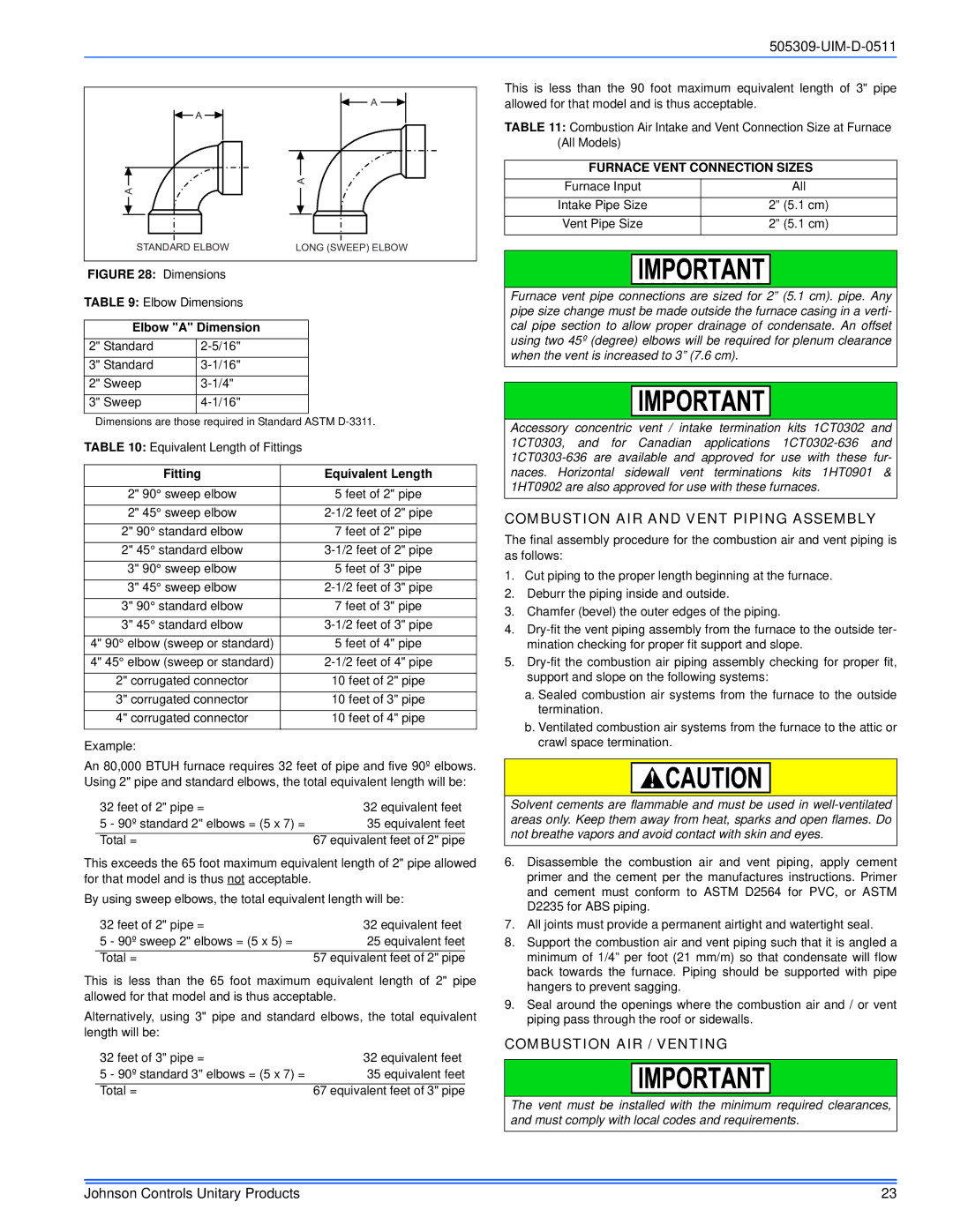 Johnson Controls TM9T*MP Combustion AIR and Vent Piping Assembly, Combustion AIR / Venting, Elbow a Dimension 