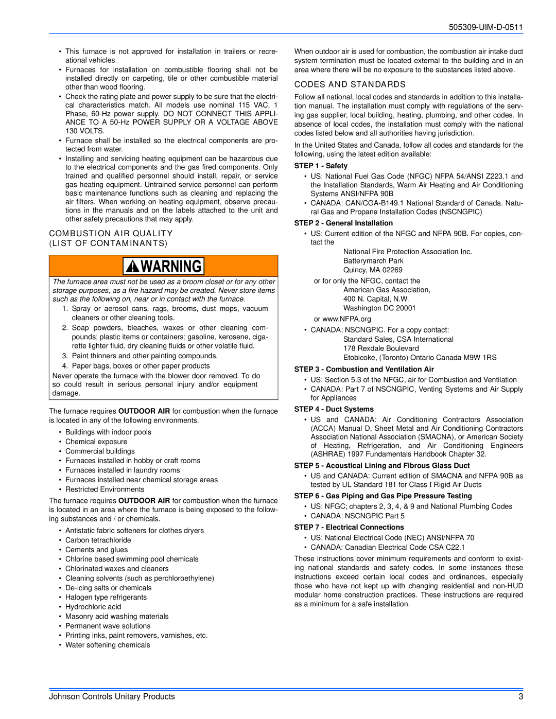 Johnson Controls TM9T*MP installation manual Combustion AIR Quality List of Contaminants, Codes and Standards 