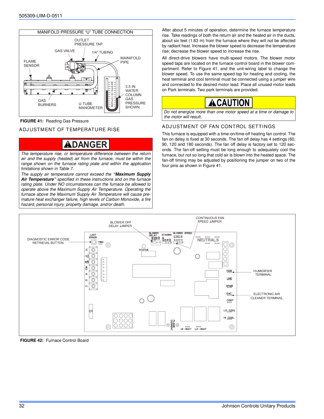 Johnson Controls TM9T*MP installation manual Adjustment of Temperature Rise, Adjustment of FAN Control Settings 