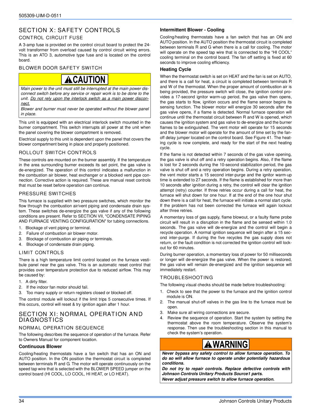 Johnson Controls TM9T*MP installation manual Section X Safety Controls, Section XI Normal Operation and Diagnostics 