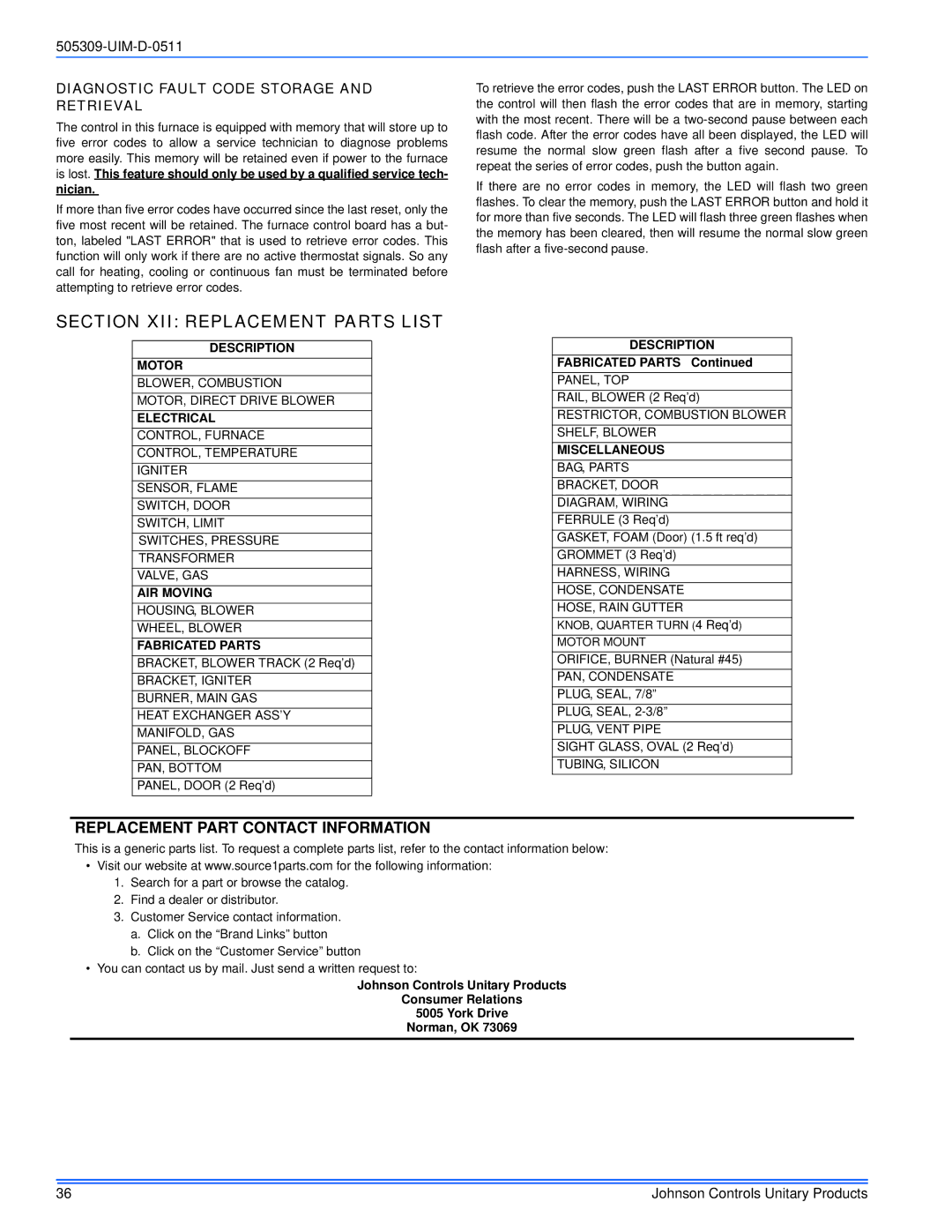 Johnson Controls TM9T*MP Section XII Replacement Parts List, Diagnostic Fault Code Storage and Retrieval, Fabricated Parts 