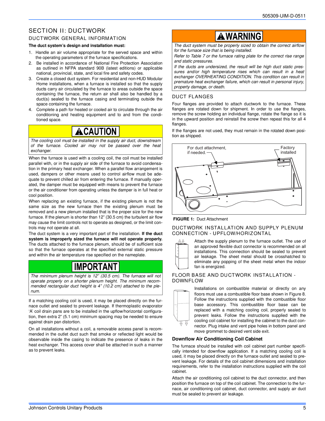 Johnson Controls TM9T*MP installation manual Section II Ductwork, Ductwork General Information, Duct Flanges 