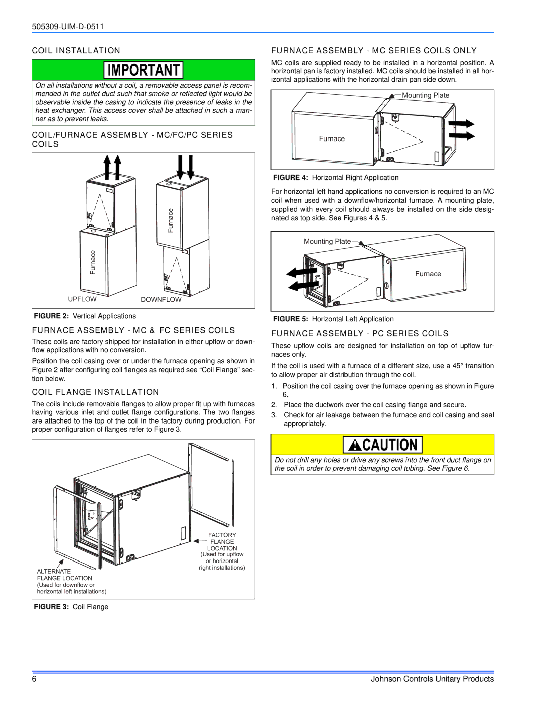 Johnson Controls TM9T*MP Coil Installation, COIL/FURNACE Assembly MC/FC/PC Series Coils, Coil Flange Installation 