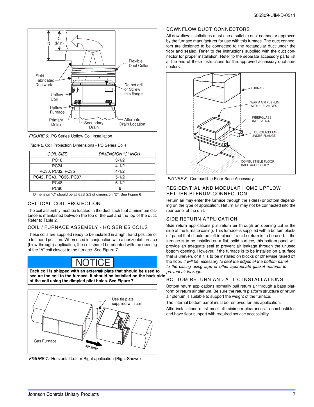 Johnson Controls TM9T*MP Critical Coil Projection, Coil / Furnace Assembly HC Series Coils, Downflow Duct Connectors 