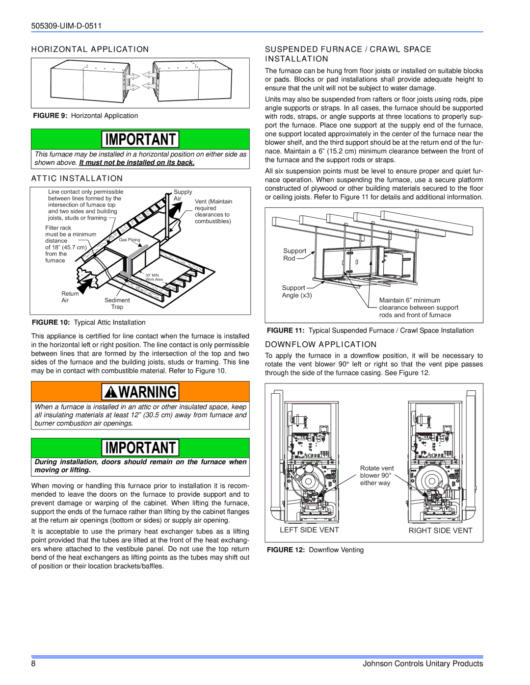 Johnson Controls TM9T*MP Horizontal Application, Attic Installation, Suspended Furnace / Crawl Space Installation 