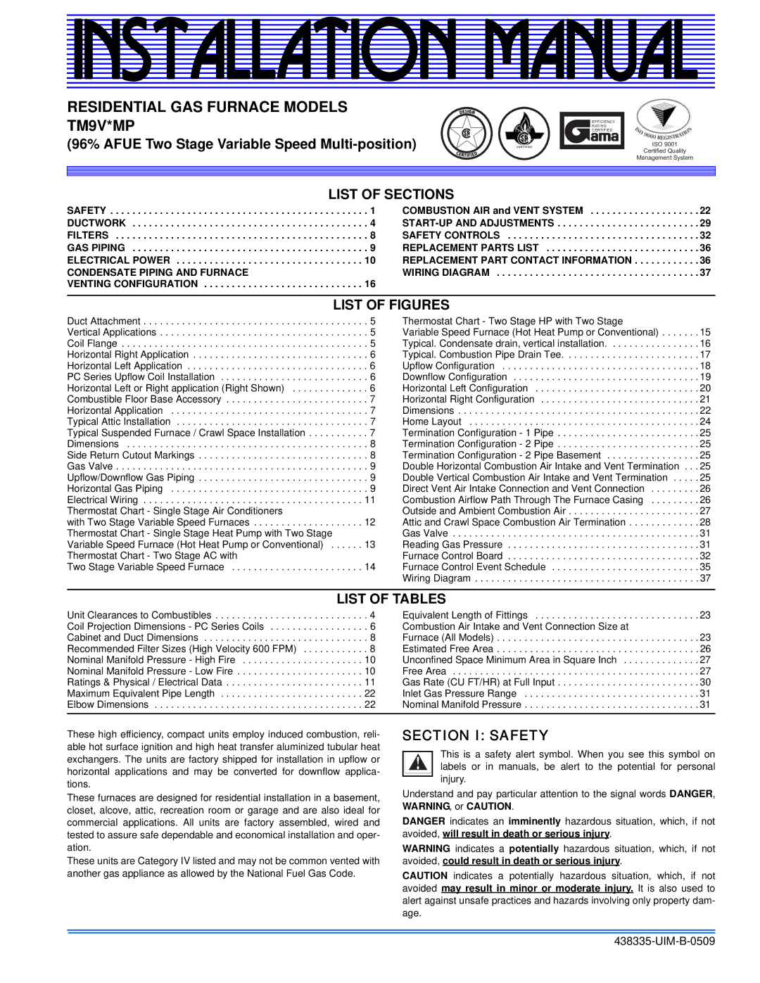 Johnson Controls TM9V MP installation manual List of Sections, List of Figures, List of Tables, Section I Safety 