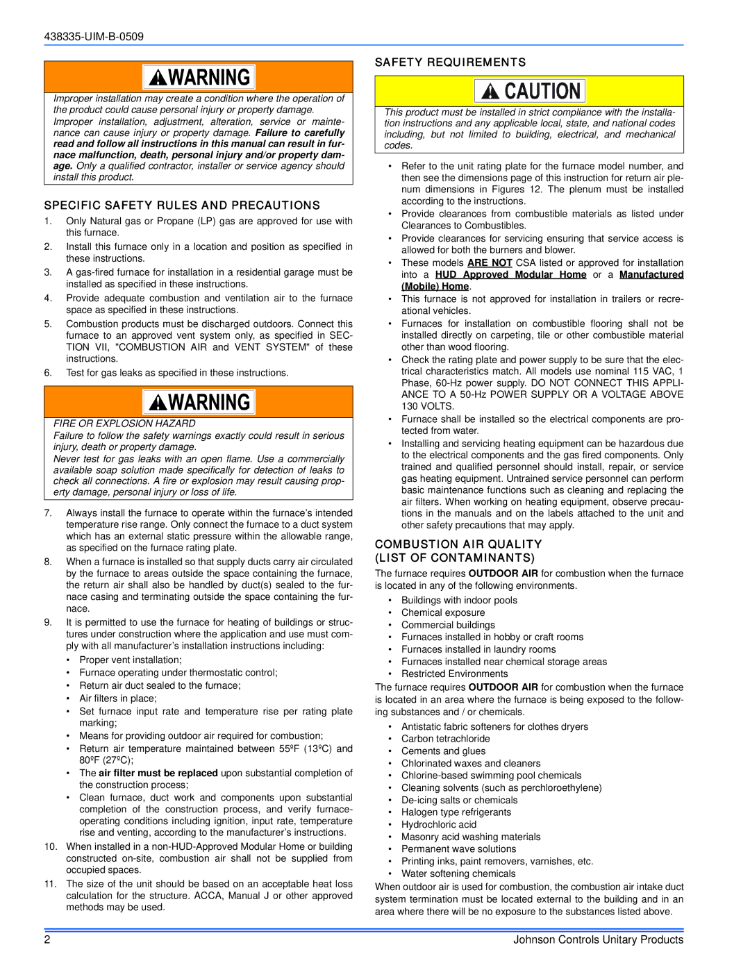 Johnson Controls TM9V MP installation manual Specific Safety Rules and Precautions, Safety Requirements 