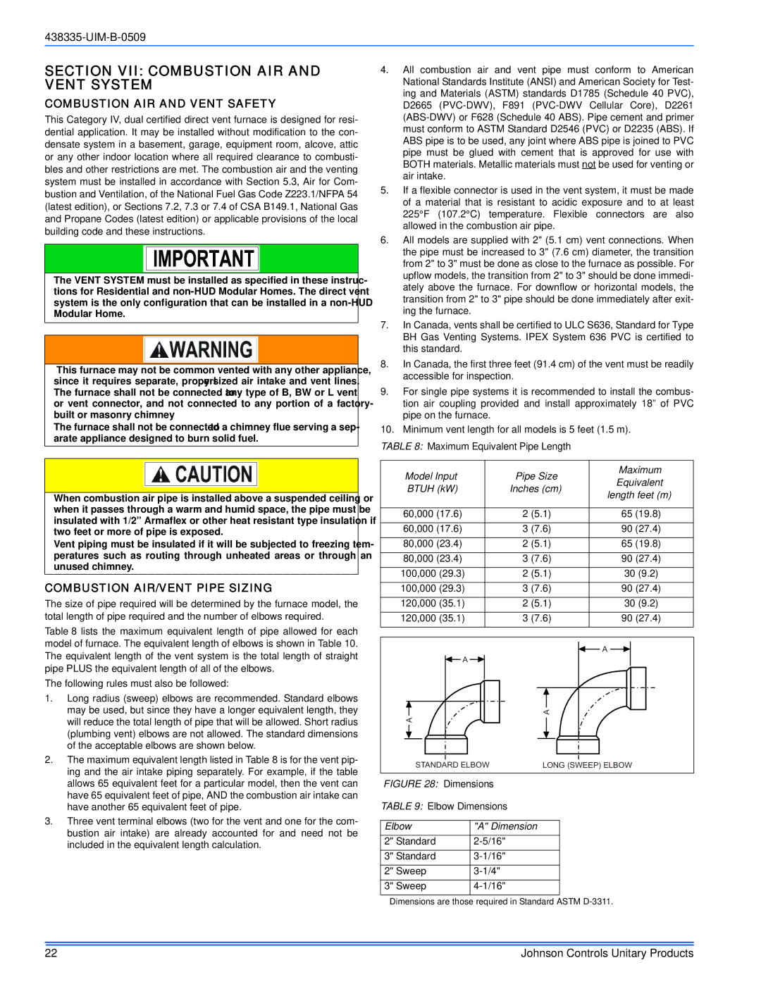 Johnson Controls TM9V MP installation manual Section VII Combustion AIR and Vent System, Combustion AIR and Vent Safety 