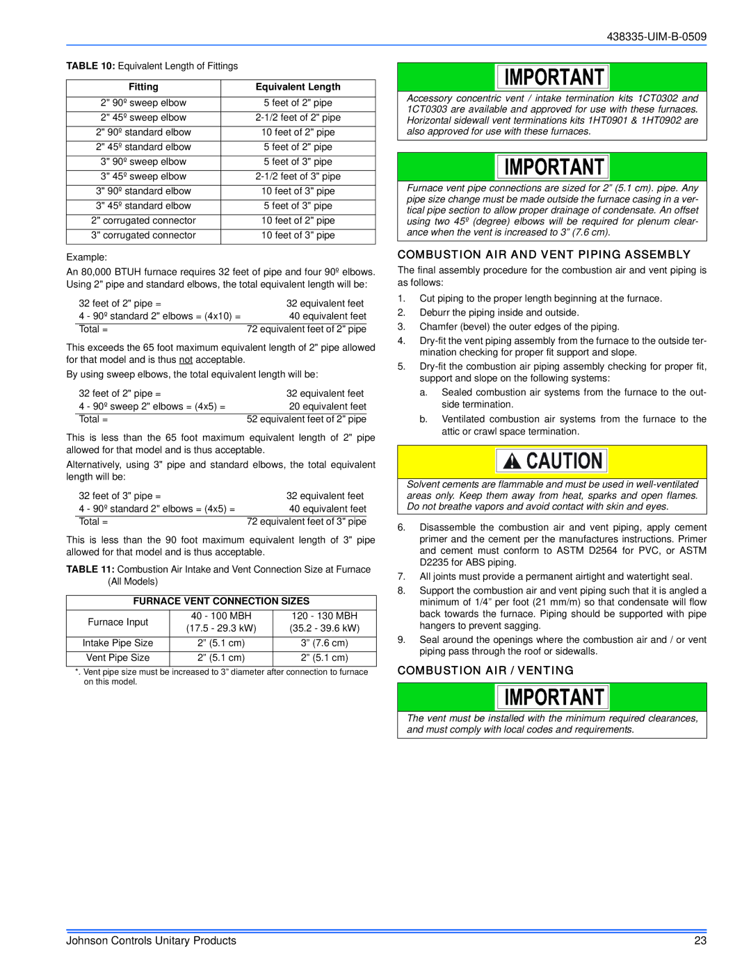 Johnson Controls TM9V MP Combustion AIR and Vent Piping Assembly, Combustion AIR / Venting, Fitting Equivalent Length 