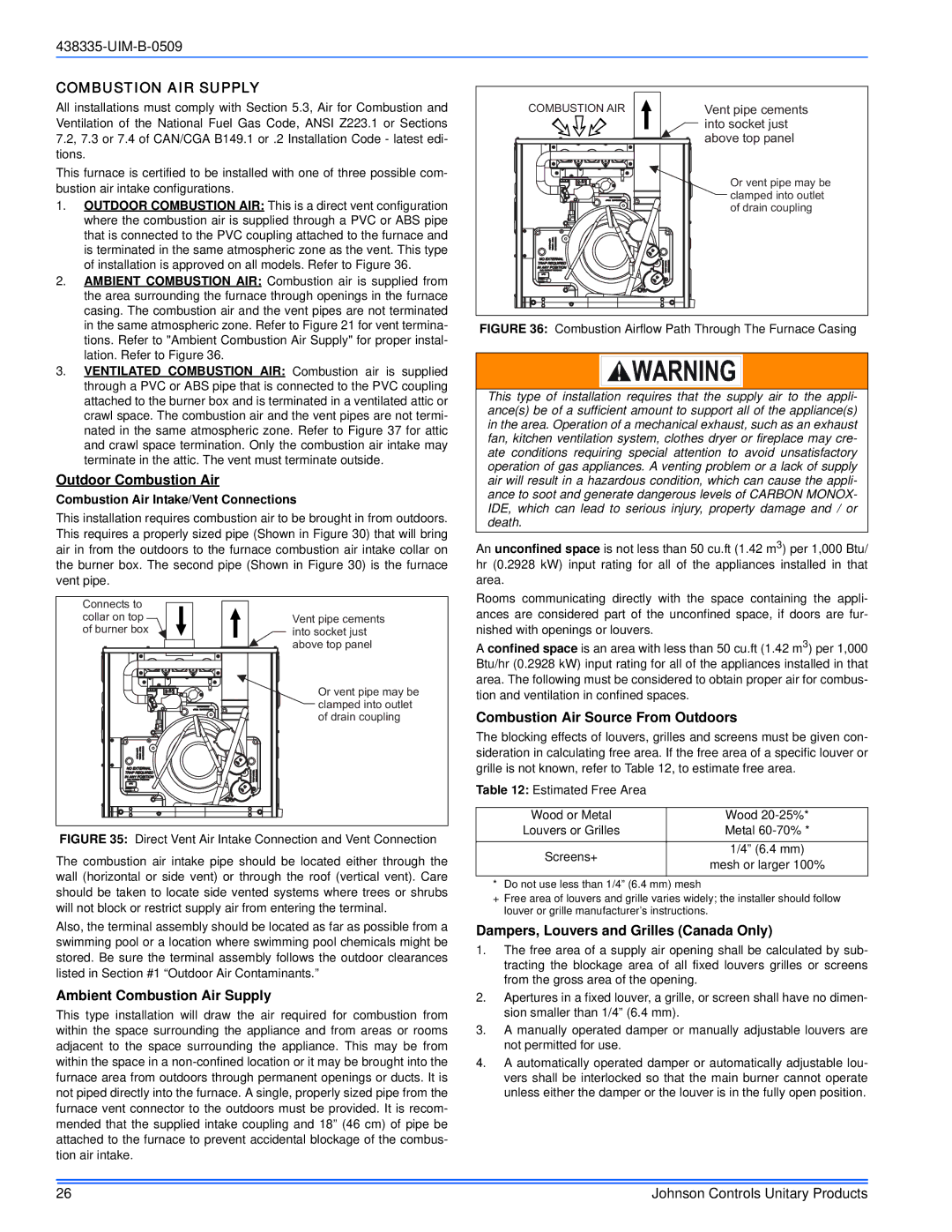 Johnson Controls TM9V MP Combustion AIR Supply, Outdoor Combustion Air, Combustion Air Source From Outdoors 