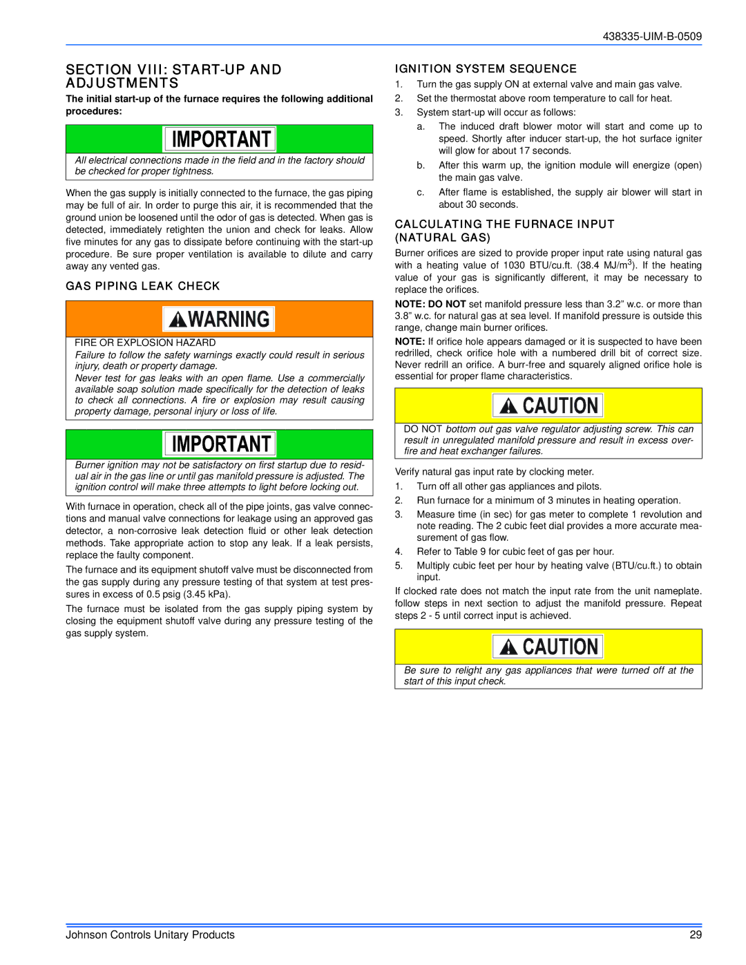 Johnson Controls TM9V MP Section Viii START-UP Adjustments, GAS Piping Leak Check, Ignition System Sequence 