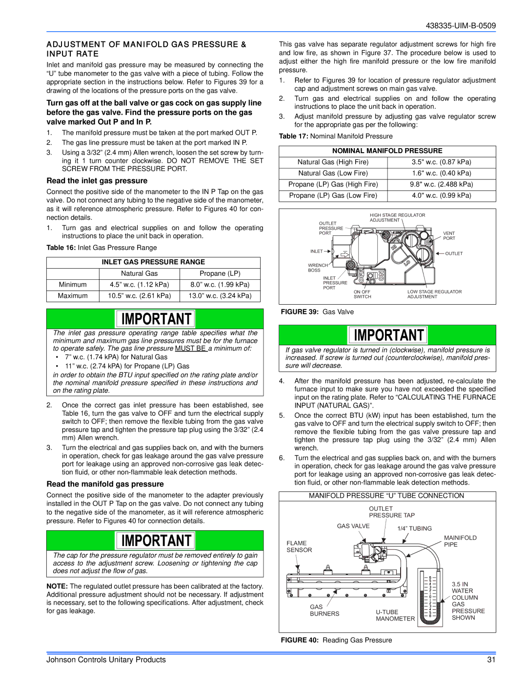 Johnson Controls TM9V MP installation manual Adjustment of Manifold GAS Pressure & Input Rate, Read the inlet gas pressure 