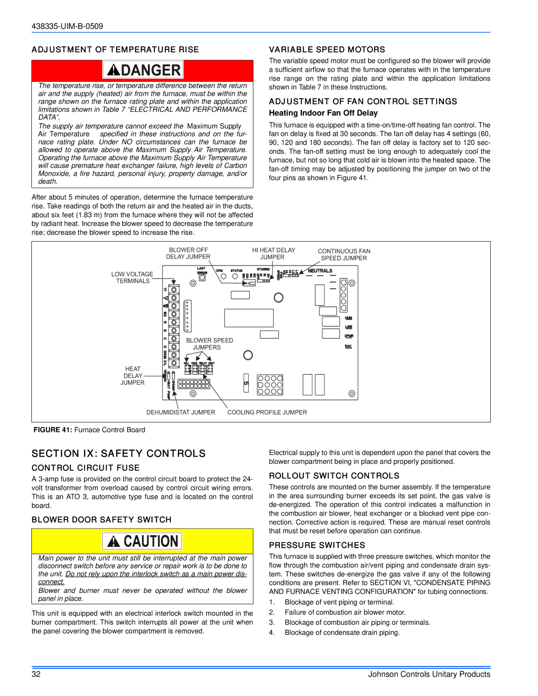 Johnson Controls TM9V MP installation manual Section IX Safety Controls 