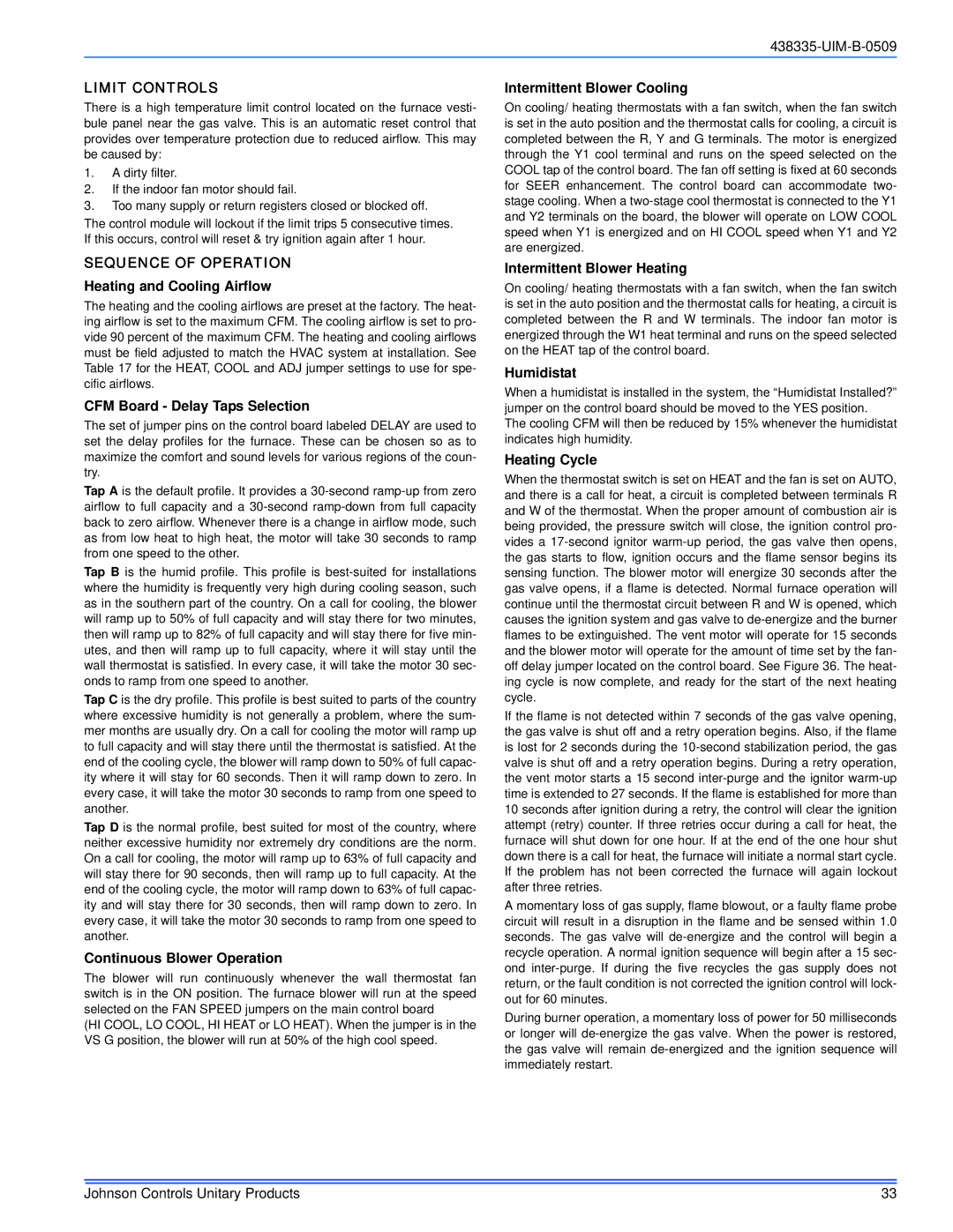 Johnson Controls TM9V MP installation manual Limit Controls, Sequence of Operation 