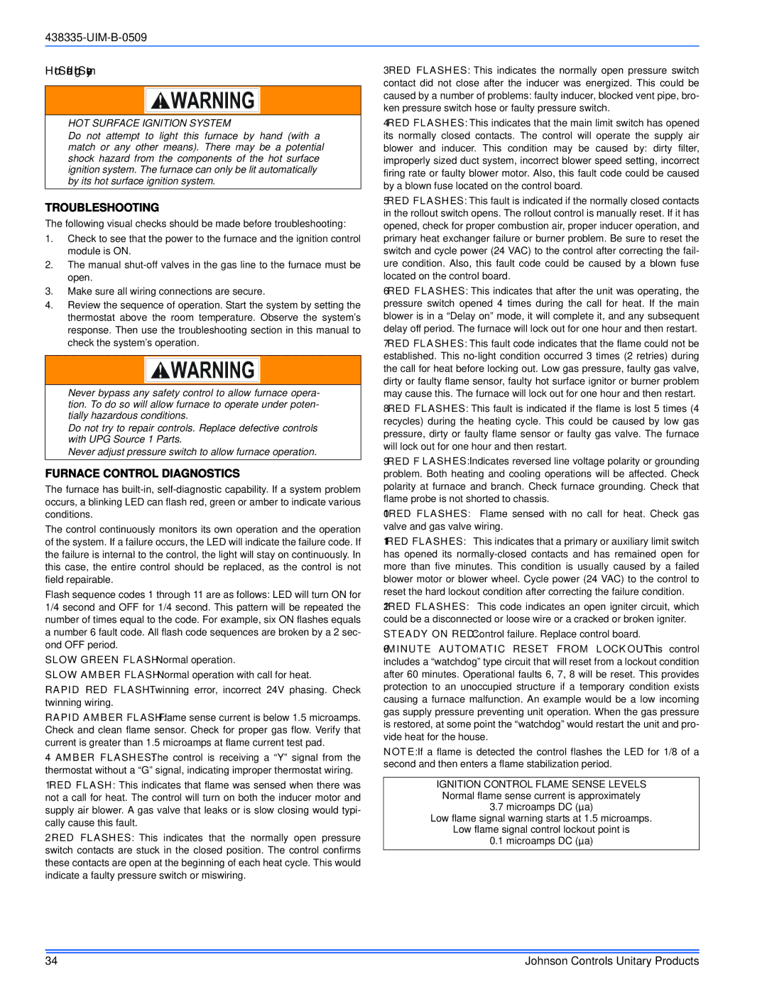 Johnson Controls TM9V MP installation manual Hot Surface Ignition System, Troubleshooting, Furnace Control Diagnostics 