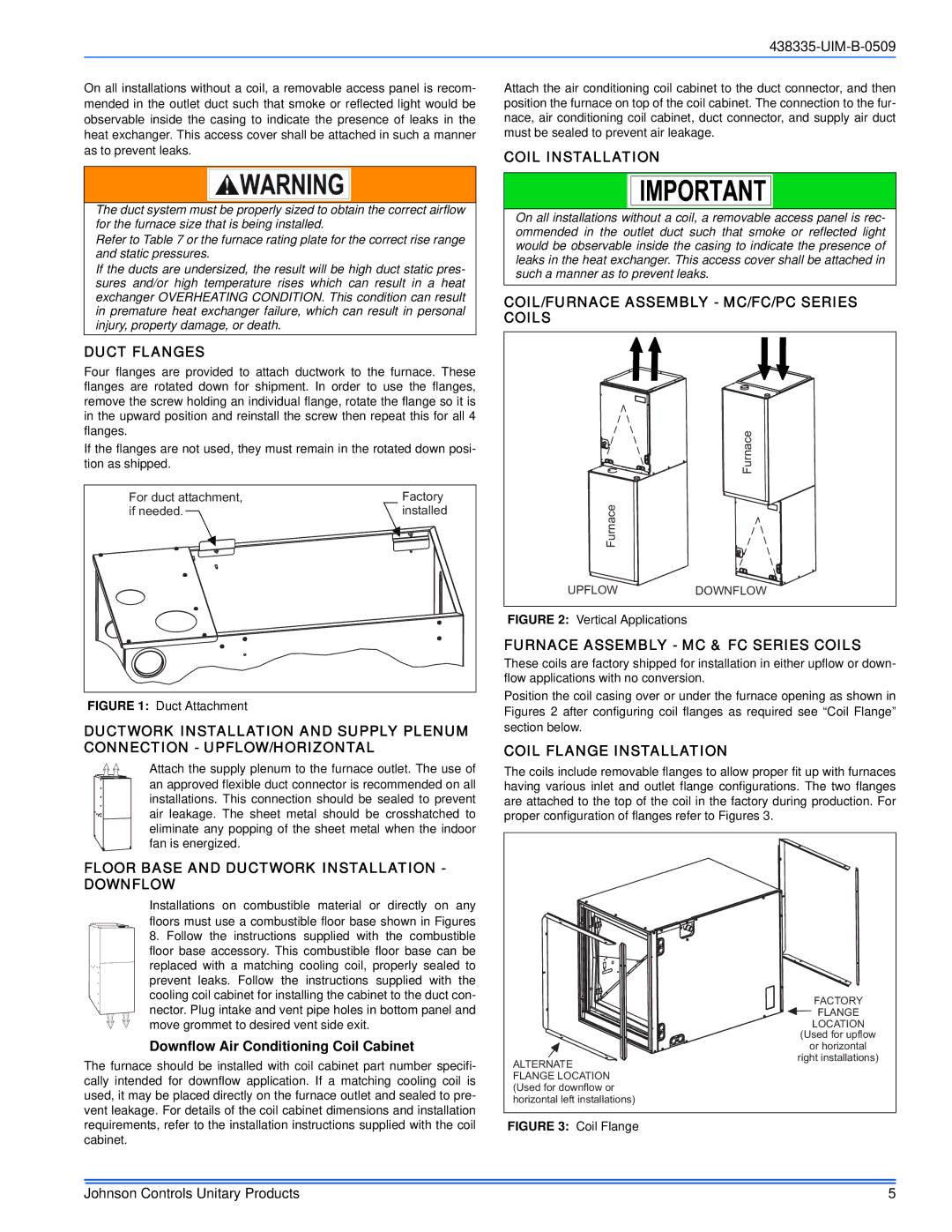 Johnson Controls TM9V MP installation manual Duct Flanges, Floor Base and Ductwork Installation Downflow, Coil Installation 