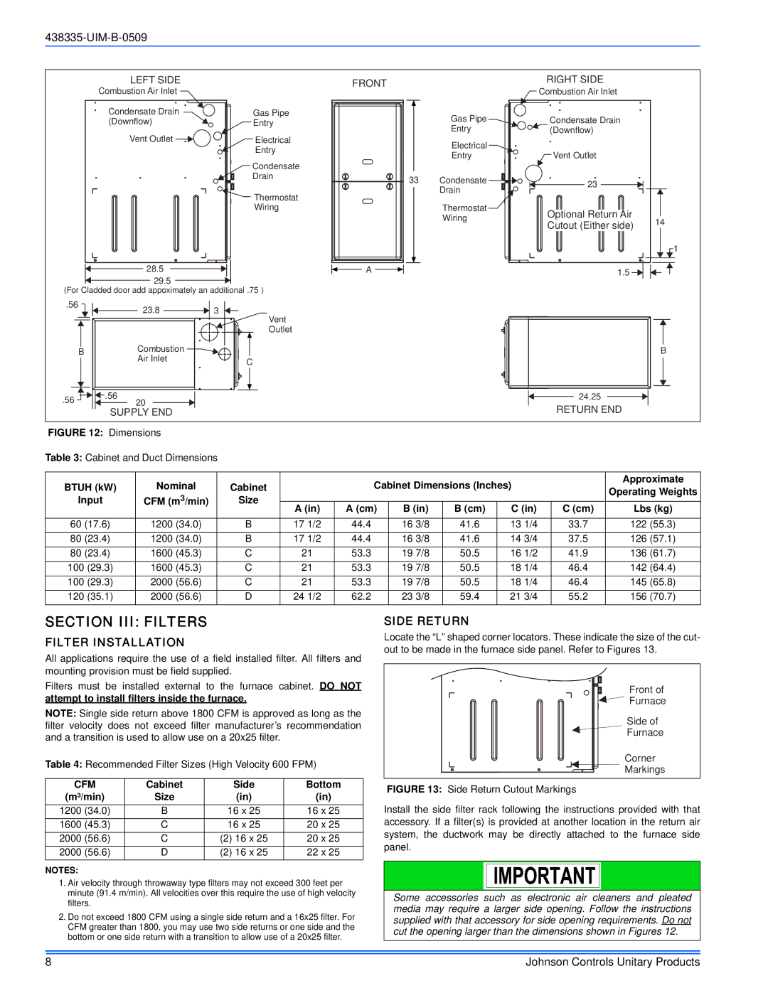 Johnson Controls TM9V MP installation manual Section III Filters, Filter Installation, Side Return 