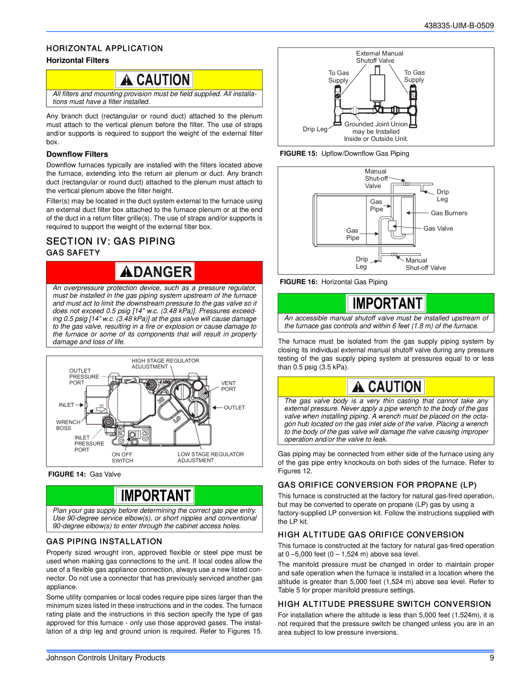 Johnson Controls TM9V MP installation manual Section IV GAS Piping 