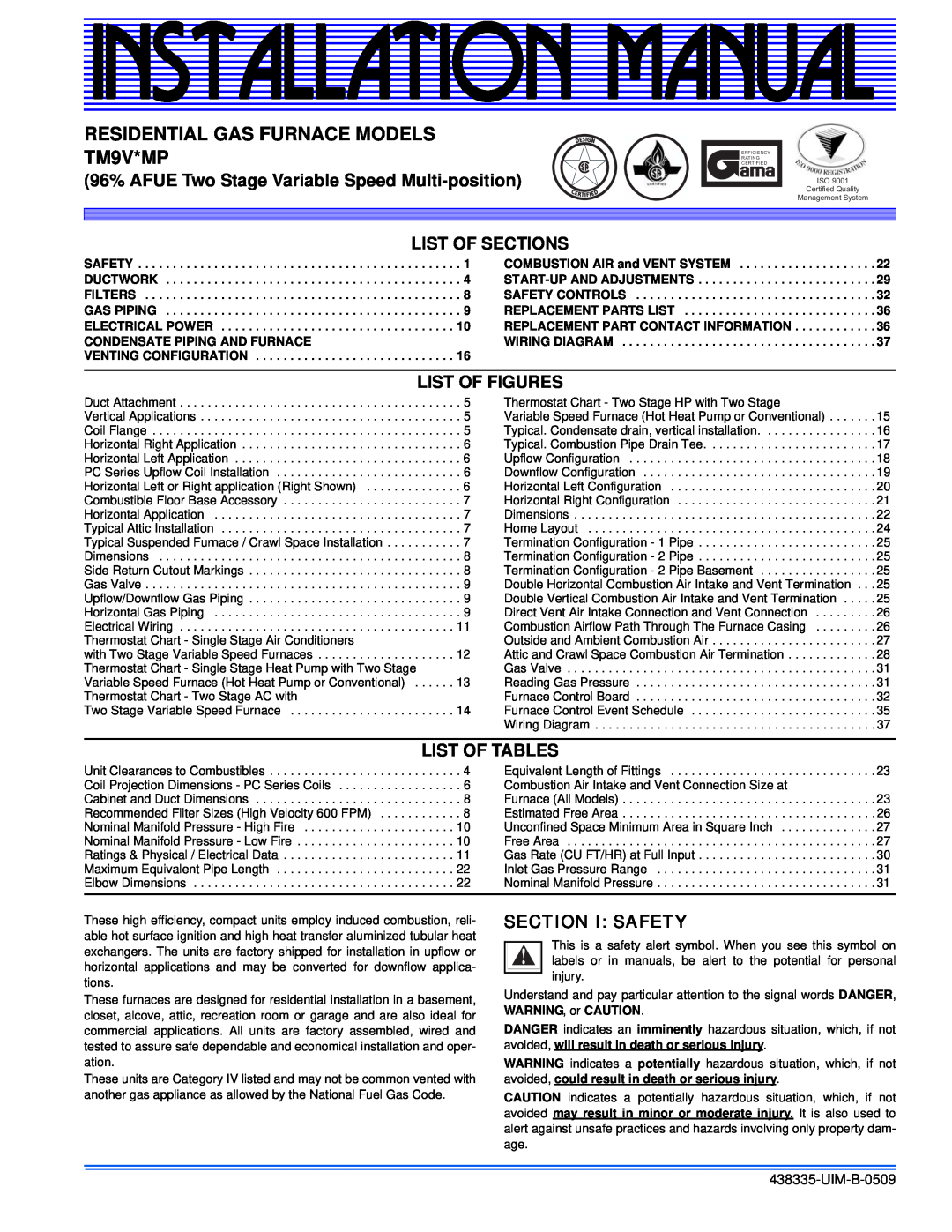 Johnson Controls TM9V MP installation manual Installation Manual, RESIDENTIAL GAS FURNACE MODELS TM9V*MP, List Of Sections 