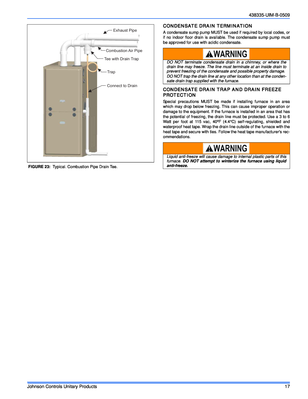 Johnson Controls TM9V MP UIM-B-0509, Condensate Drain Termination, Condensate Drain Trap And Drain Freeze Protection 