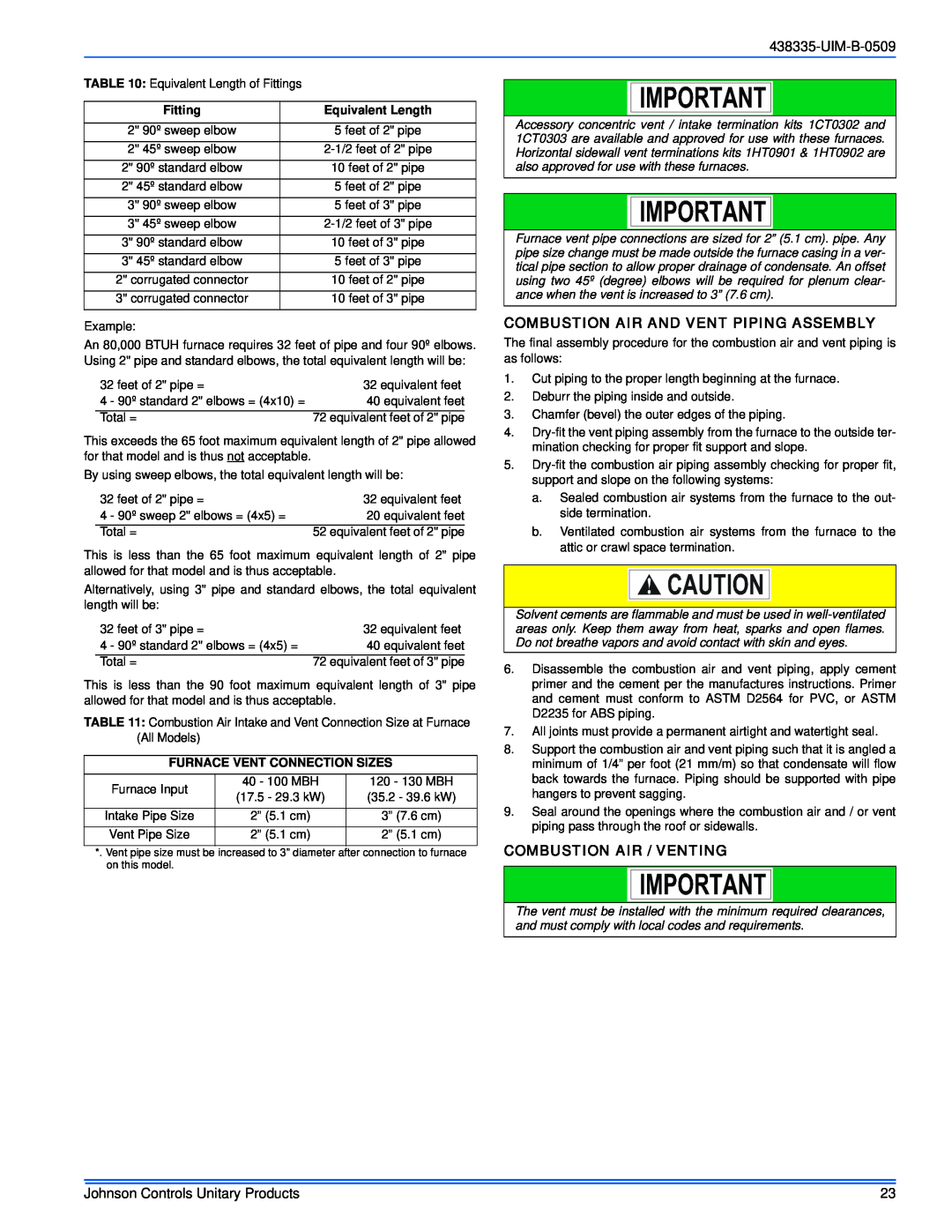 Johnson Controls TM9V MP installation manual UIM-B-0509, Combustion Air And Vent Piping Assembly, Combustion Air / Venting 