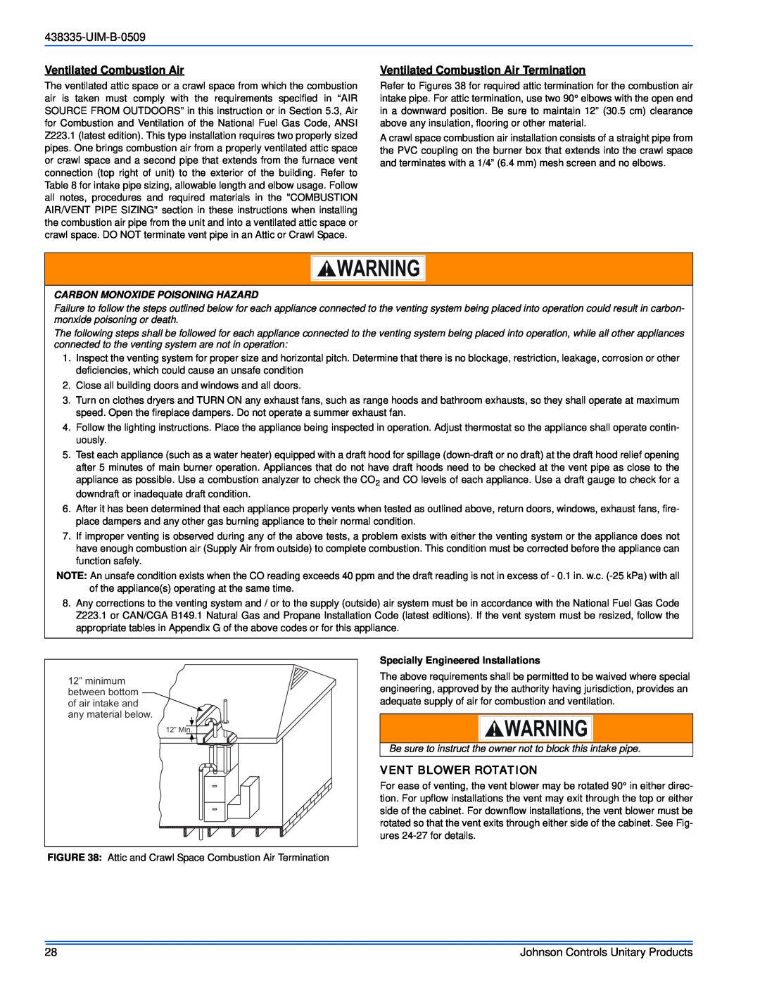 Johnson Controls TM9V MP installation manual UIM-B-0509, Ventilated Combustion Air Termination, Vent Blower Rotation 