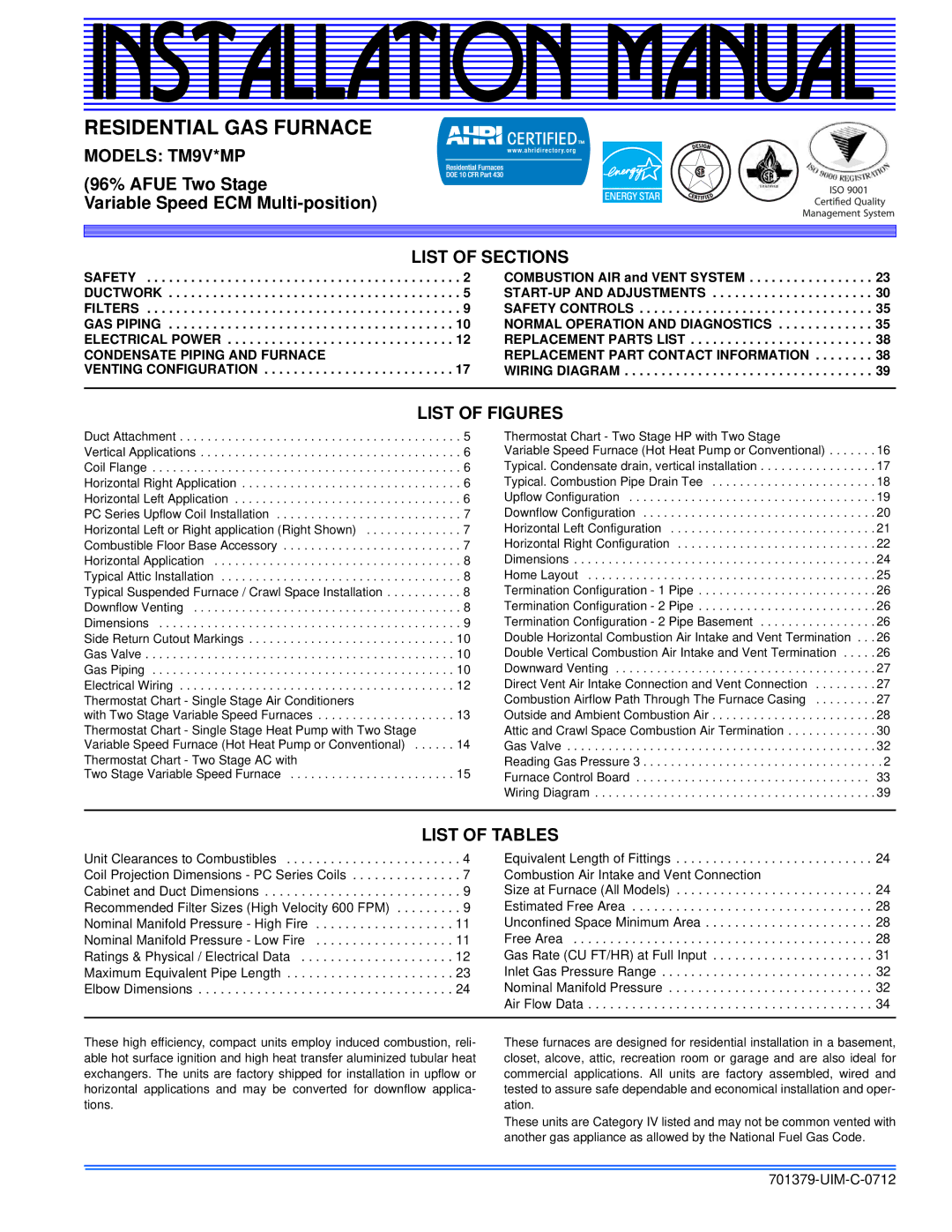 Johnson Controls installation manual Models TM9V*MP, List of Sections, List of Figures, List of Tables 