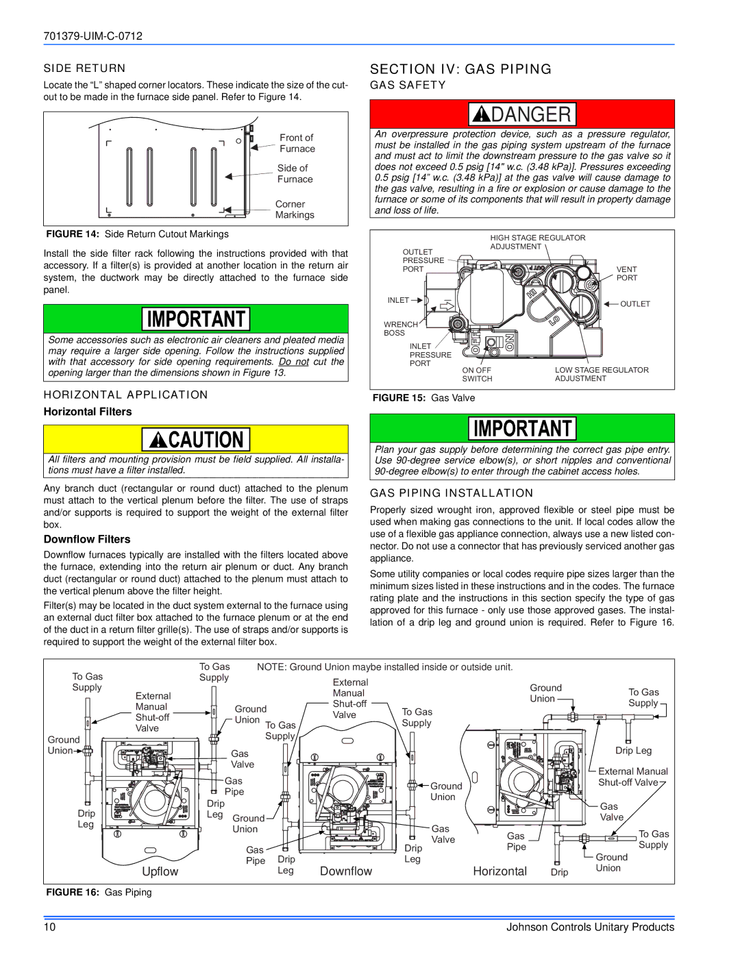 Johnson Controls TM9V*MP installation manual Section IV GAS Piping, Side Return, GAS Safety, GAS Piping Installation 