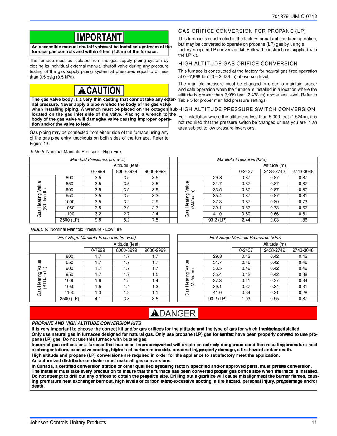 Johnson Controls TM9V*MP installation manual GAS Orifice Conversion for Propane LP, High Altitude GAS Orifice Conversion 