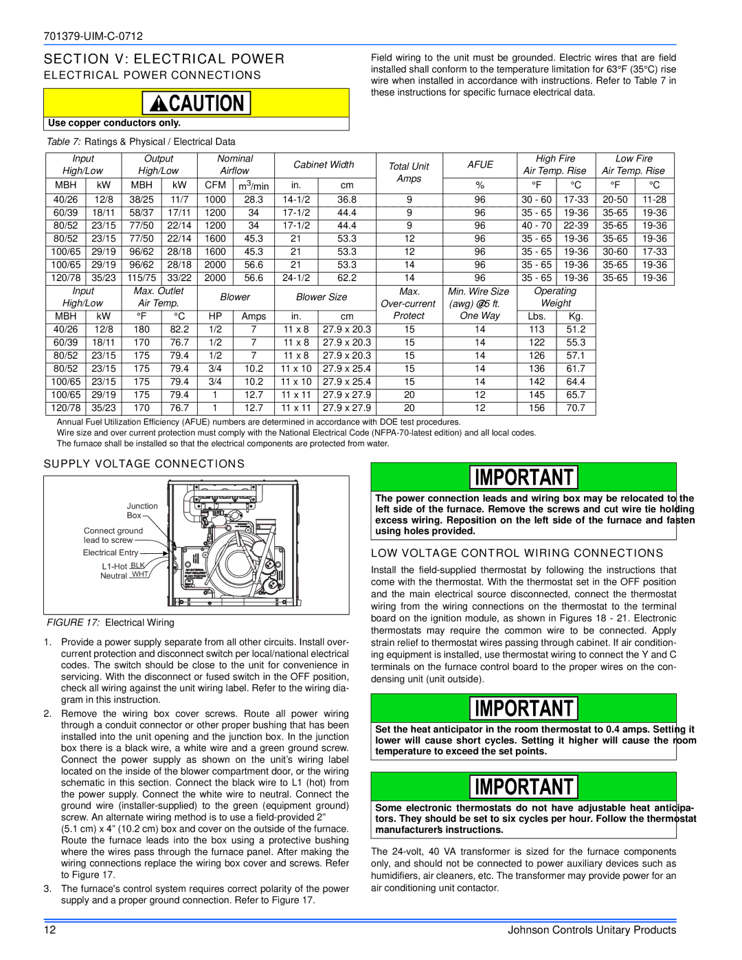 Johnson Controls TM9V*MP Section V Electrical Power, Electrical Power Connections, Supply Voltage Connections, Afue 