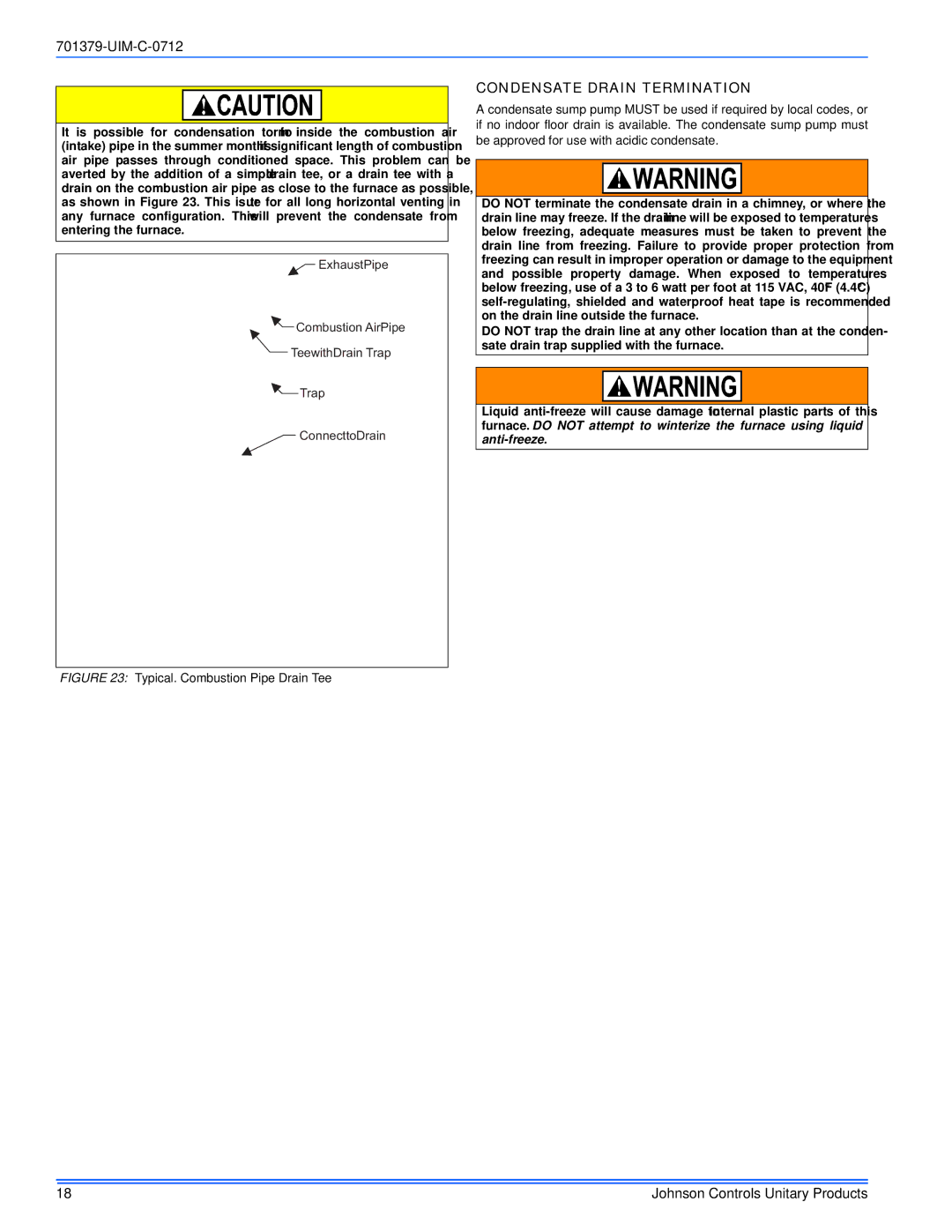 Johnson Controls TM9V*MP installation manual Condensate Drain Termination, Typical. Combustion Pipe Drain Tee 