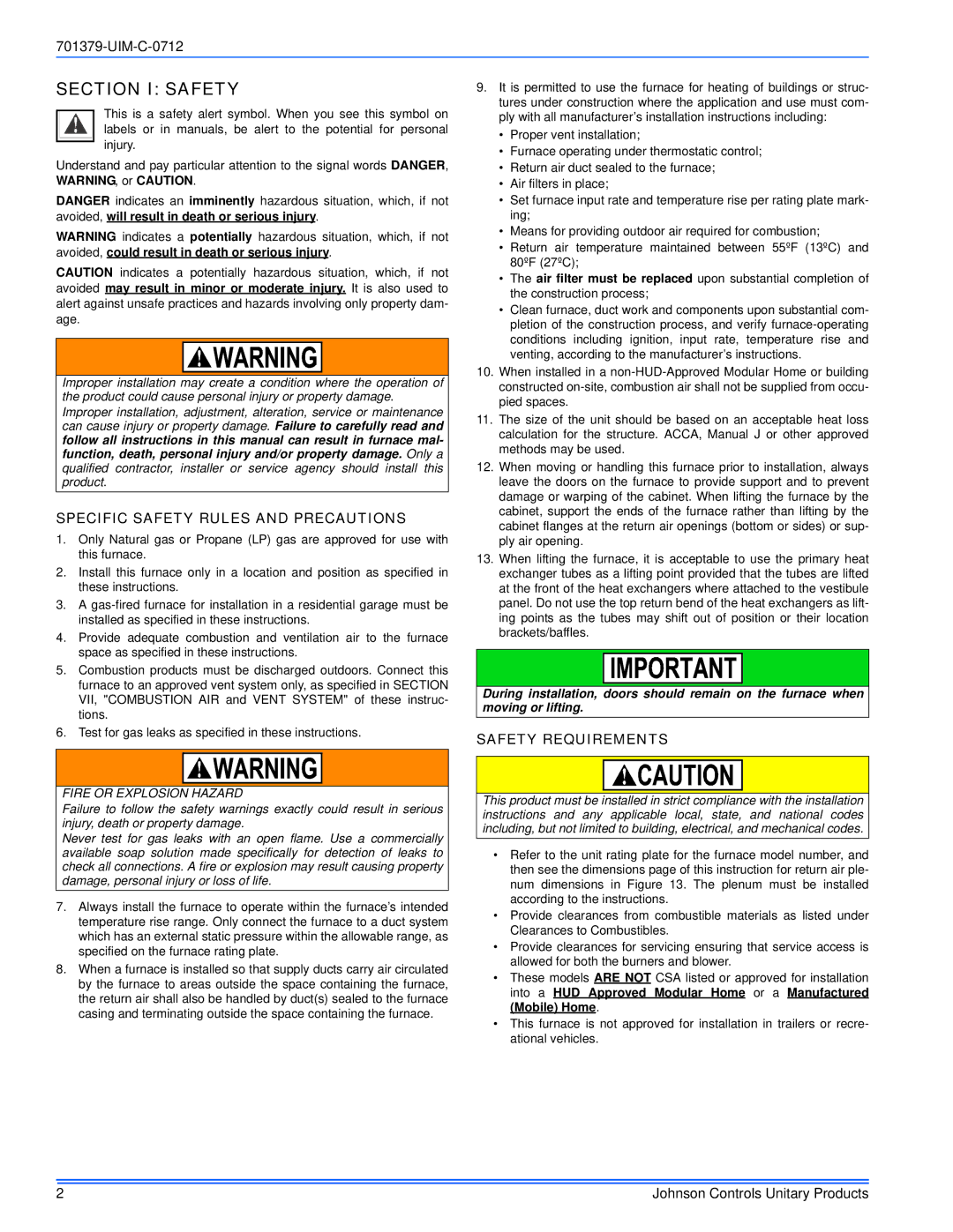 Johnson Controls TM9V*MP installation manual Section I Safety, Specific Safety Rules and Precautions, Safety Requirements 