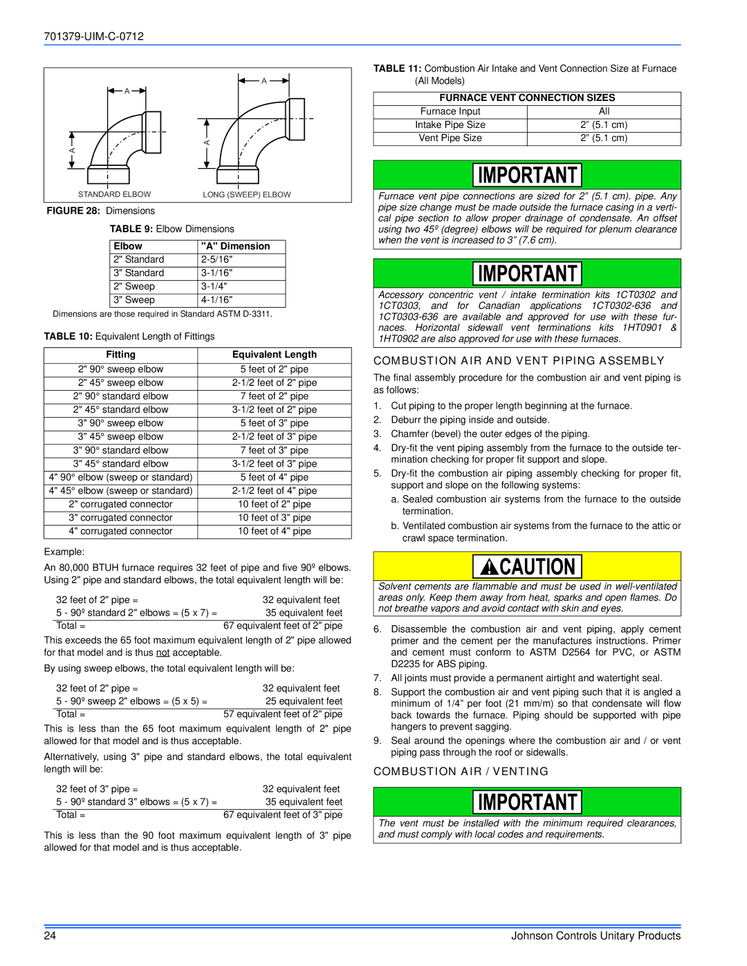 Johnson Controls TM9V*MP installation manual Combustion AIR and Vent Piping Assembly, Combustion AIR / Venting, Elbow 