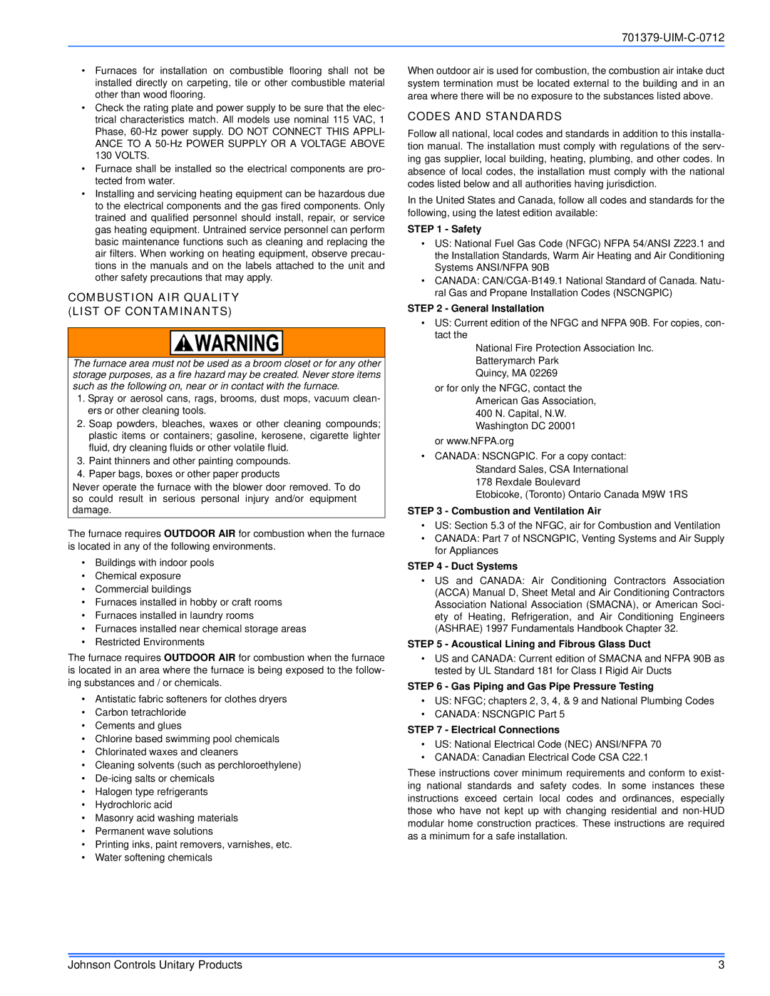 Johnson Controls TM9V*MP installation manual Combustion AIR Quality List of Contaminants, Codes and Standards 