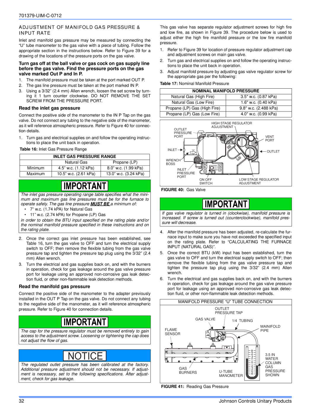 Johnson Controls TM9V*MP installation manual Adjustment of Manifold GAS Pressure & Input Rate, Read the inlet gas pressure 