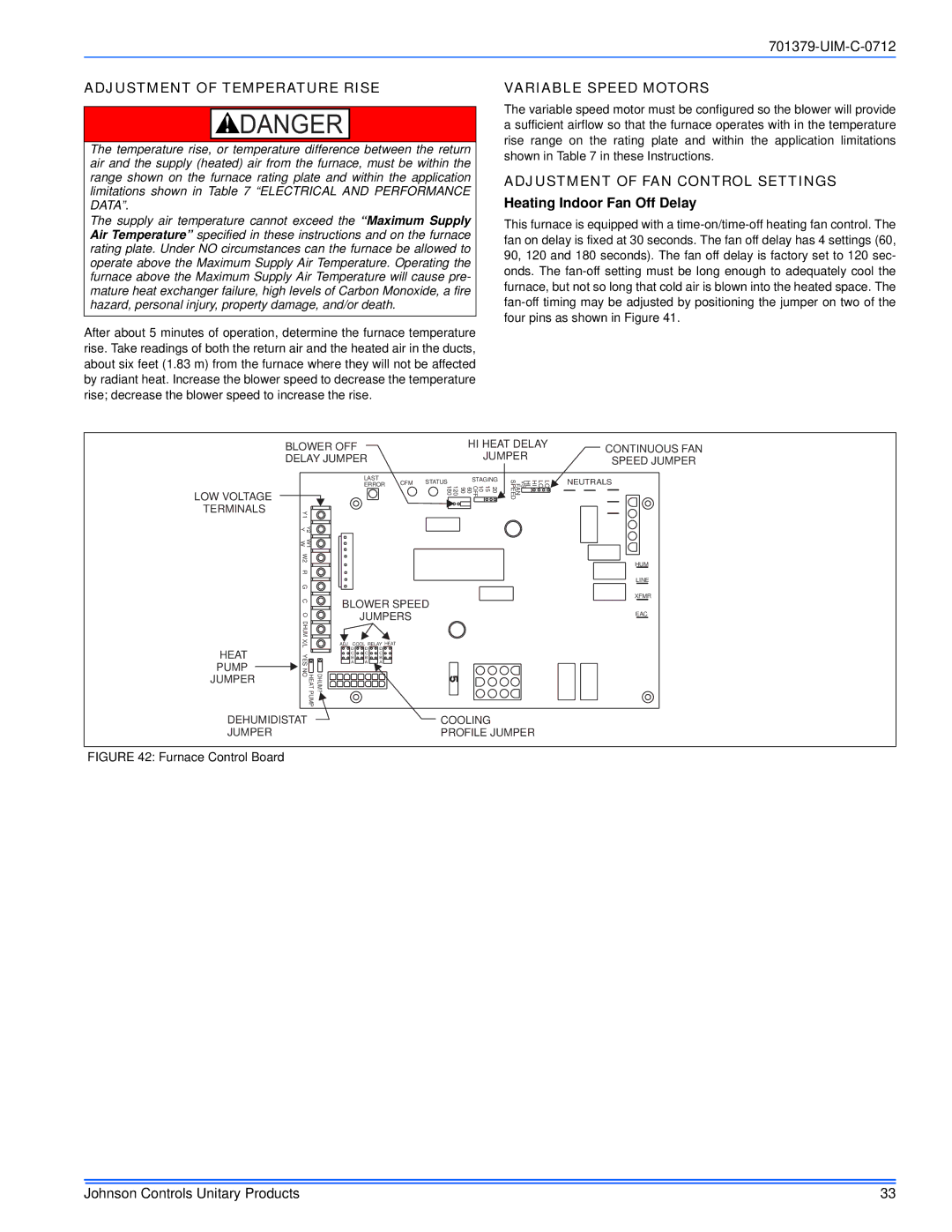 Johnson Controls TM9V*MP Adjustment of Temperature Rise, Variable Speed Motors, Adjustment of FAN Control Settings 