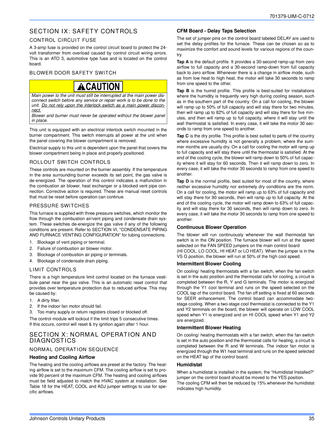 Johnson Controls TM9V*MP installation manual Section IX Safety Controls, Section X Normal Operation and Diagnostics 