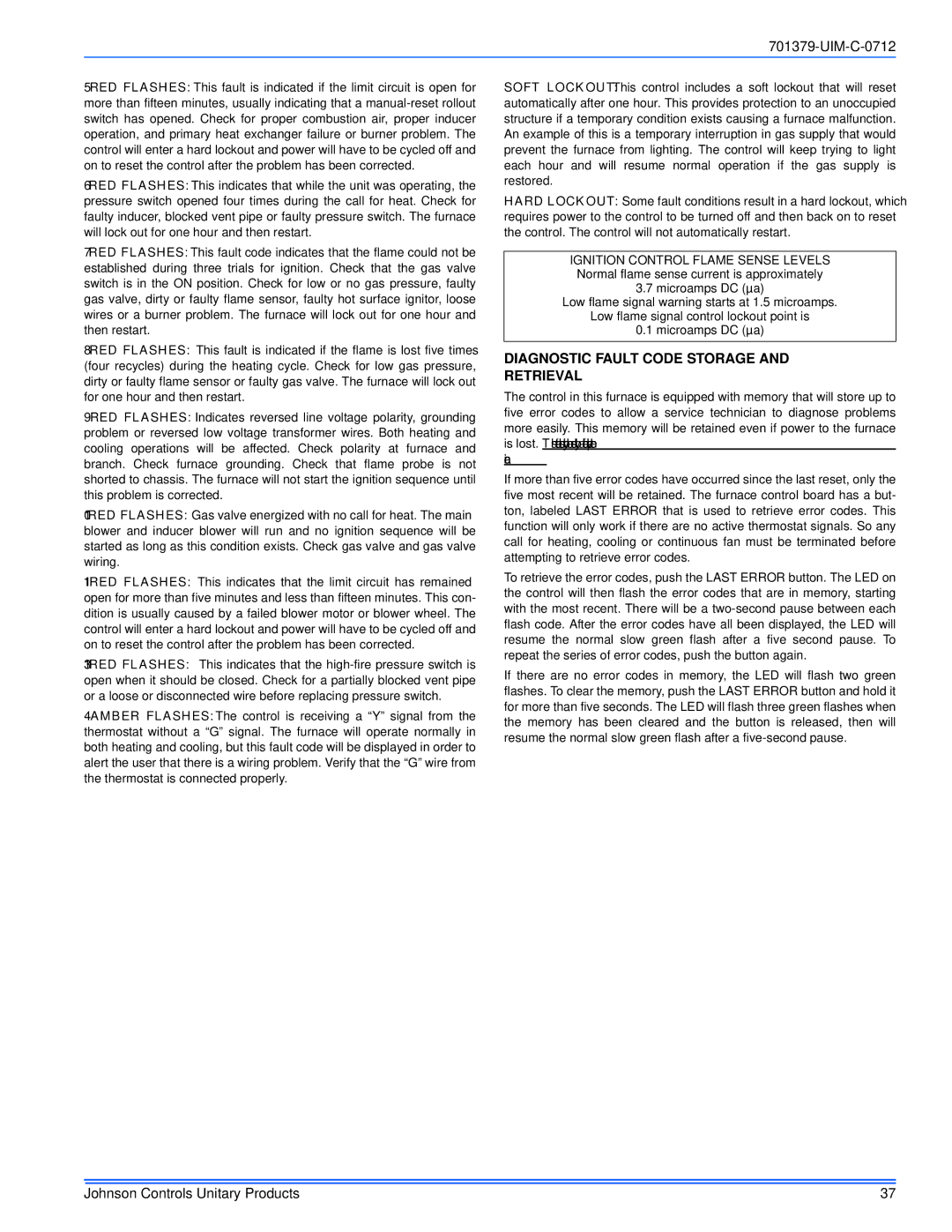 Johnson Controls TM9V*MP installation manual Diagnostic Fault Code Storage and Retrieval 