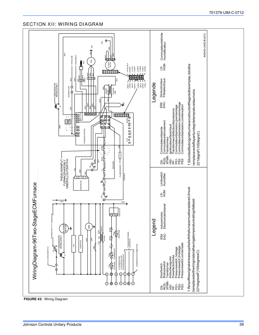 Johnson Controls TM9V*MP installation manual XII Wiring, Wiring Diagram 