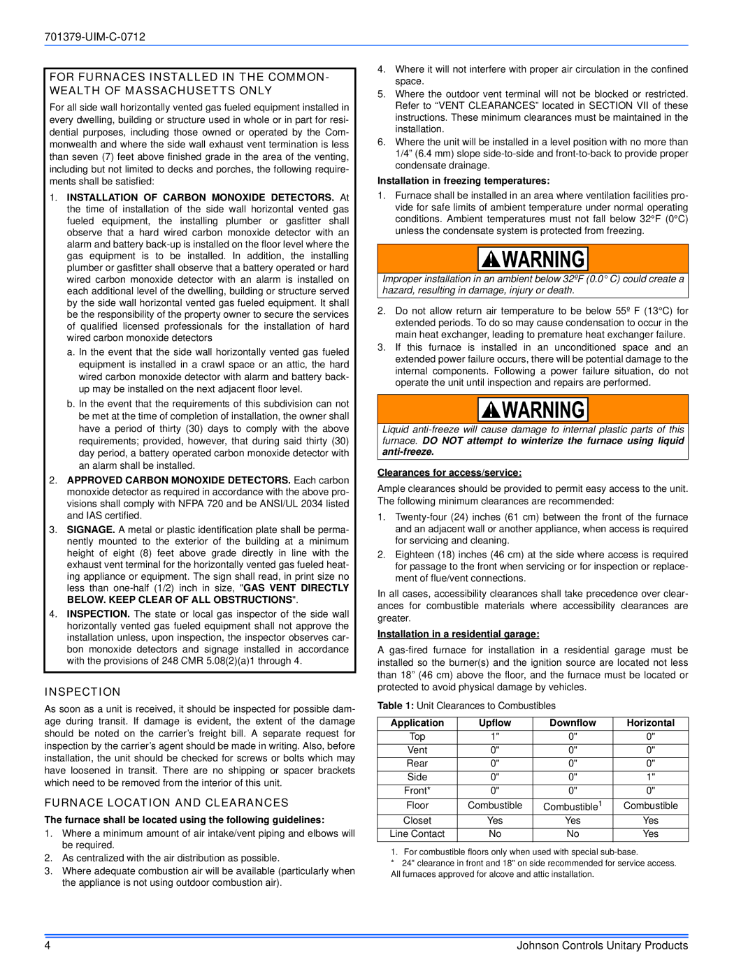 Johnson Controls TM9V*MP installation manual Inspection, Furnace Location and Clearances 