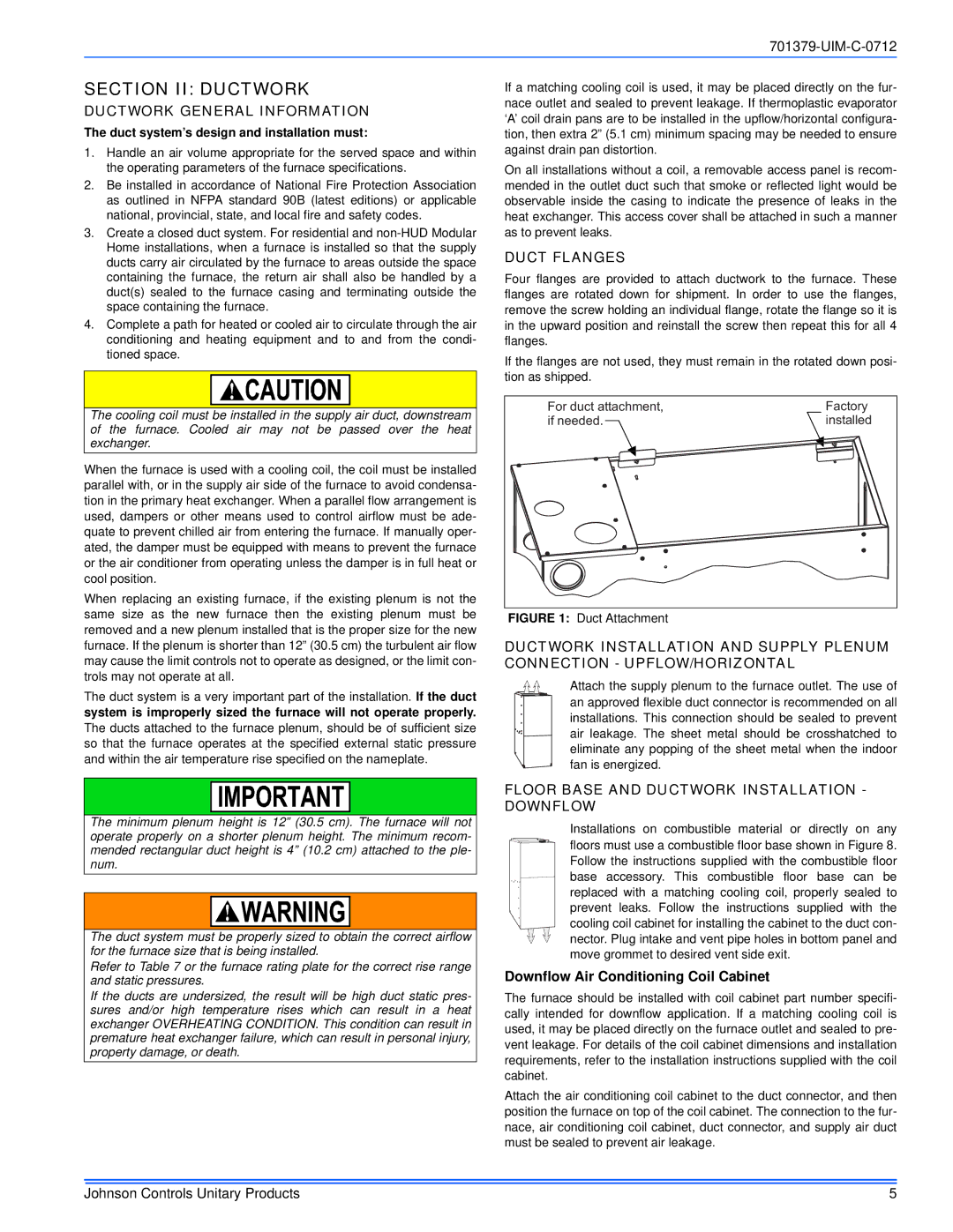 Johnson Controls TM9V*MP installation manual Section II Ductwork, Ductwork General Information, Duct Flanges 